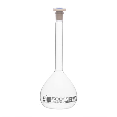 Flask Volumetric class 'B', cap. 500ml, socket size 19/26, borosilicate glass, White Printing - eiscoindustrial