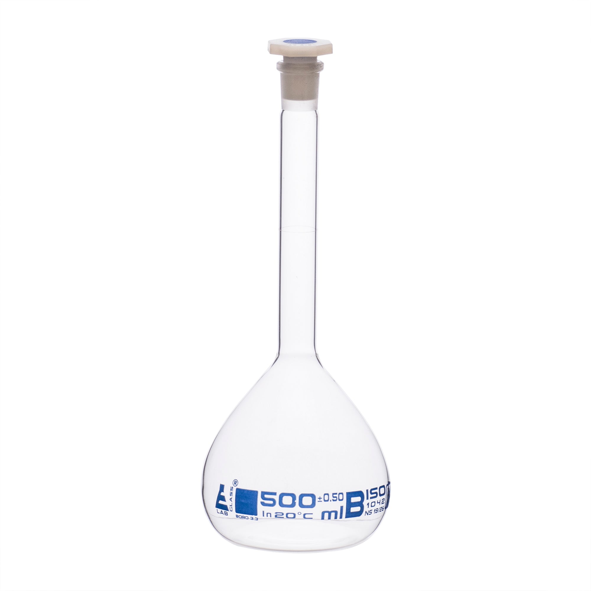 Flask Volumetric class 'B', cap. 500ml, socket size 19/26, borosilicate glass, Blue Printing - eiscoindustrial