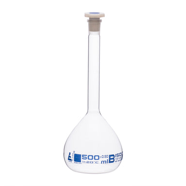 Flask Volumetric class 'B', cap. 500ml, socket size 19/26, borosilicate glass, Blue Printing - eiscoindustrial