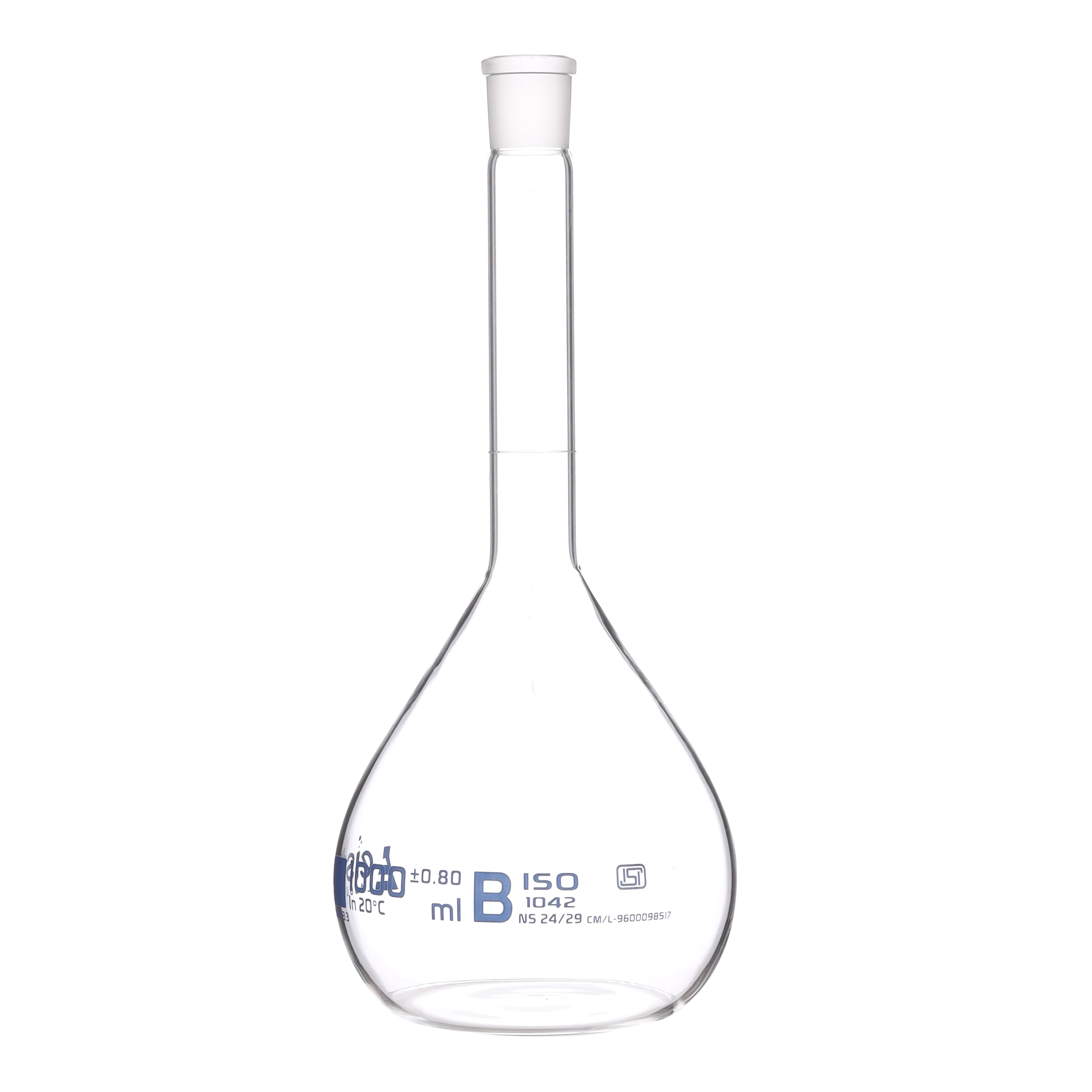 Flask Volumetric class 'B', cap. 1000ml, socket size 24/29, borosilicate glass, Blue Printing ISI