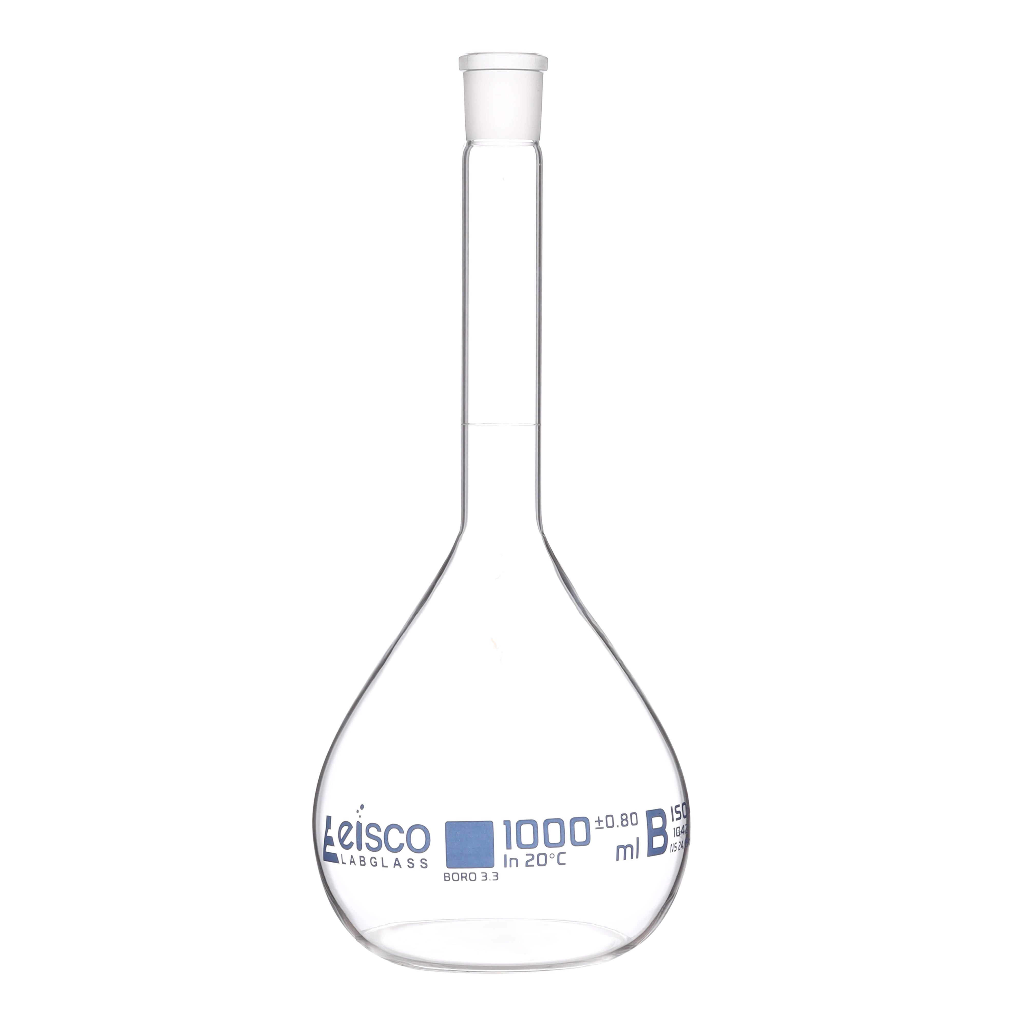 Flask Volumetric class 'B', cap. 1000ml, socket size 24/29, borosilicate glass, Blue Printing ISI