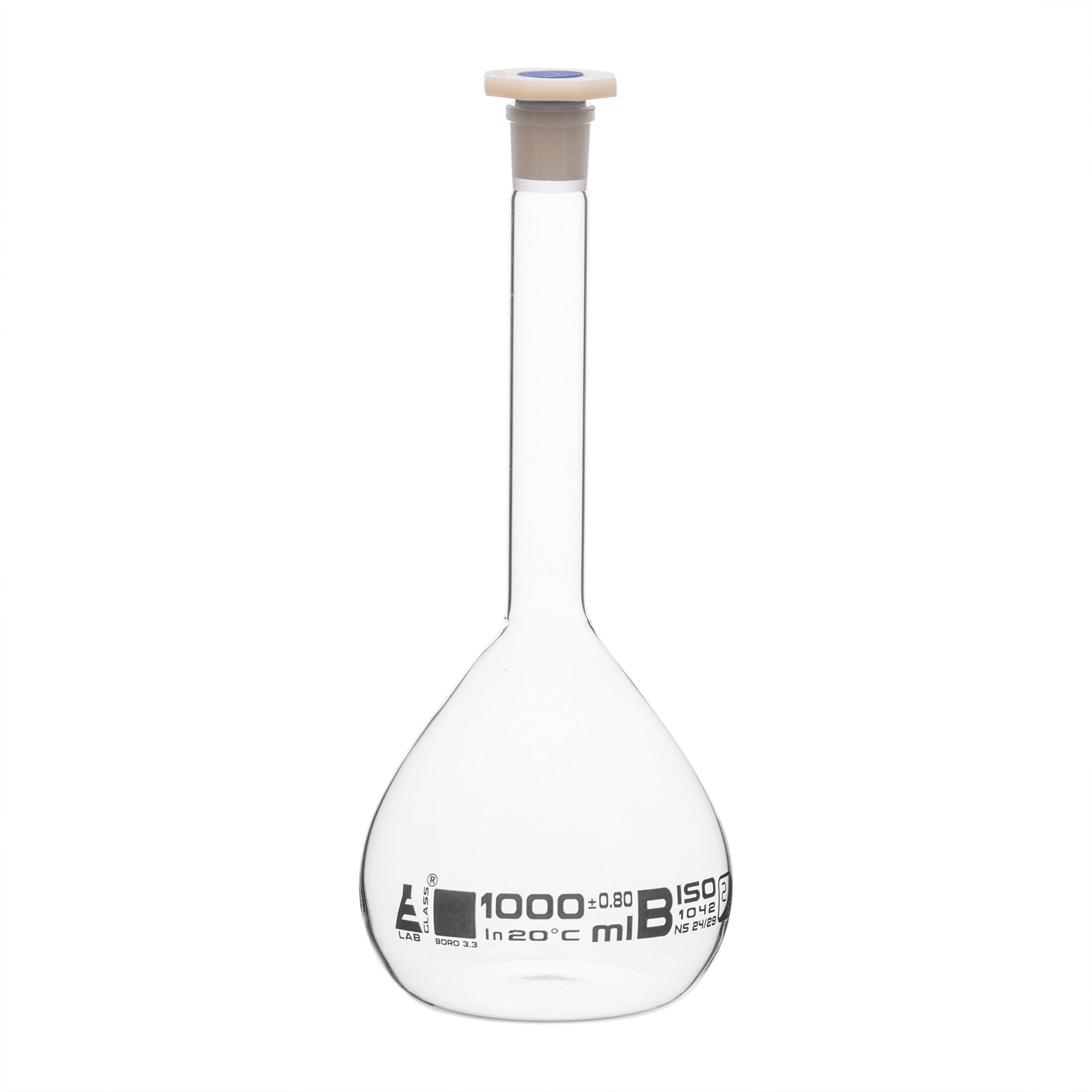 Flask Volumetric class 'B', cap. 1000ml, socket size 24/29, borosilicate glass, White Printing - eiscoindustrial