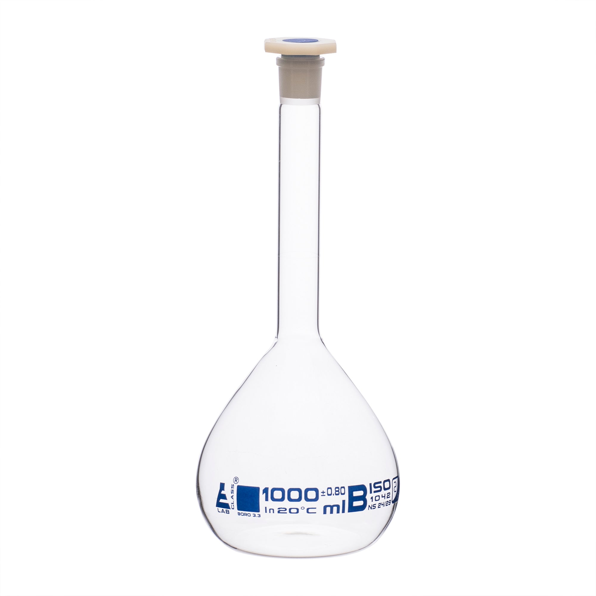 Flask Volumetric class 'B', cap. 1000ml, socket size 24/29, borosilicate glass, Blue Printing - eiscoindustrial