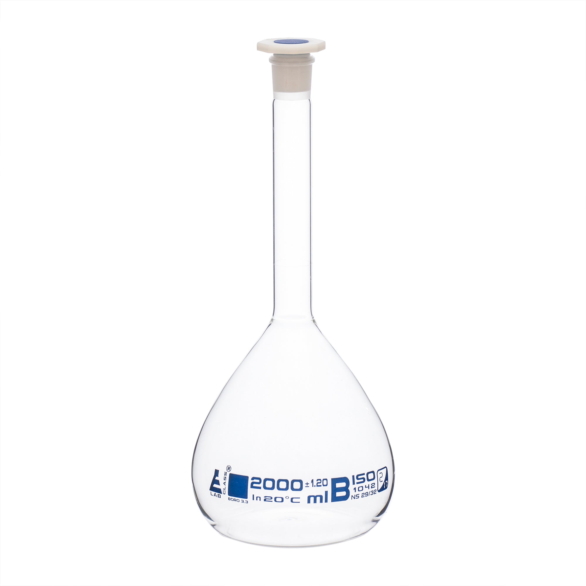 Flask Volumetric class 'B', cap. 2000ml, socket size 29/32, borosilicate glass, White Printing - eiscoindustrial