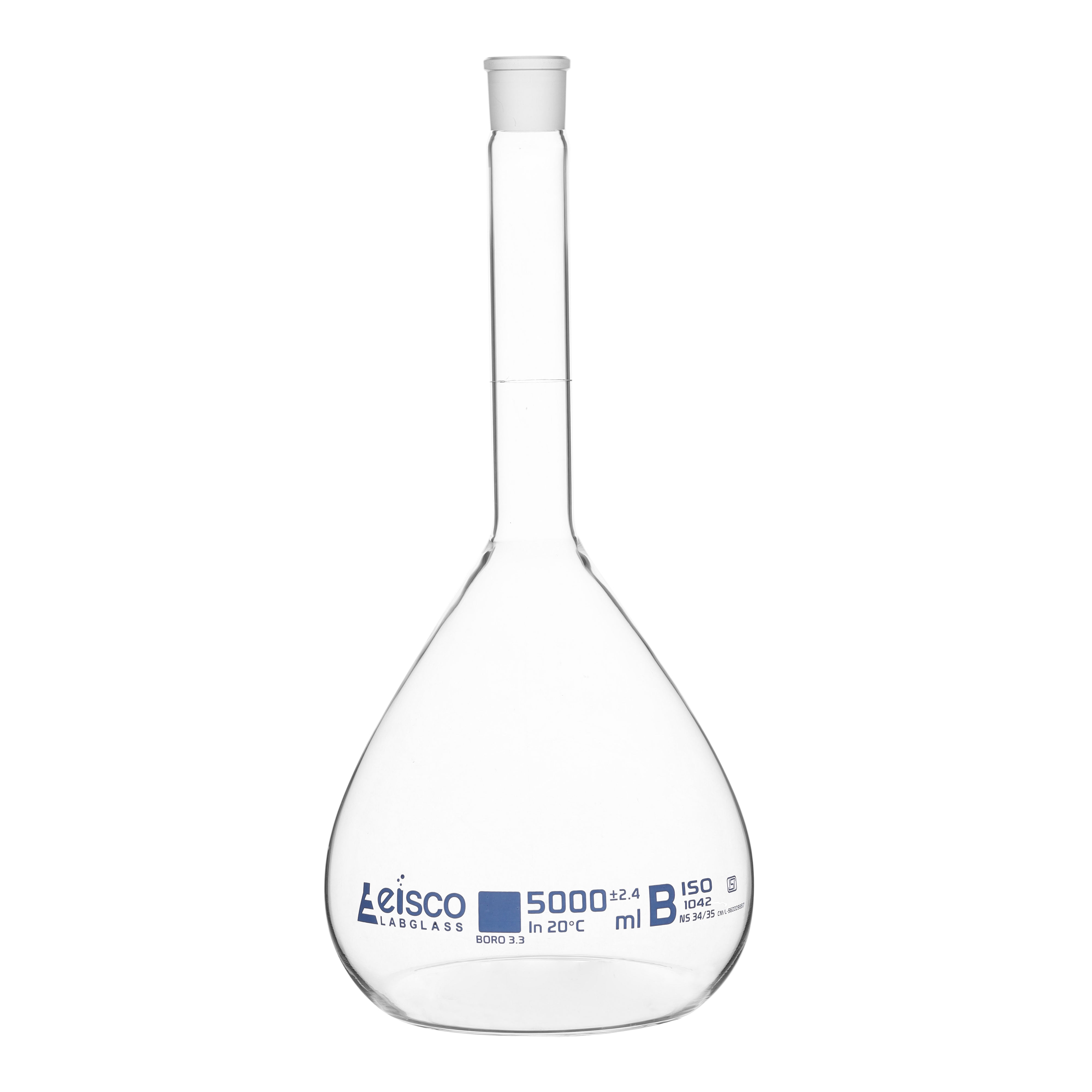 Flask Volumetric class 'B', cap. 5000ml, socket size 34/35, borosilicate glass, Blue Printing ISI