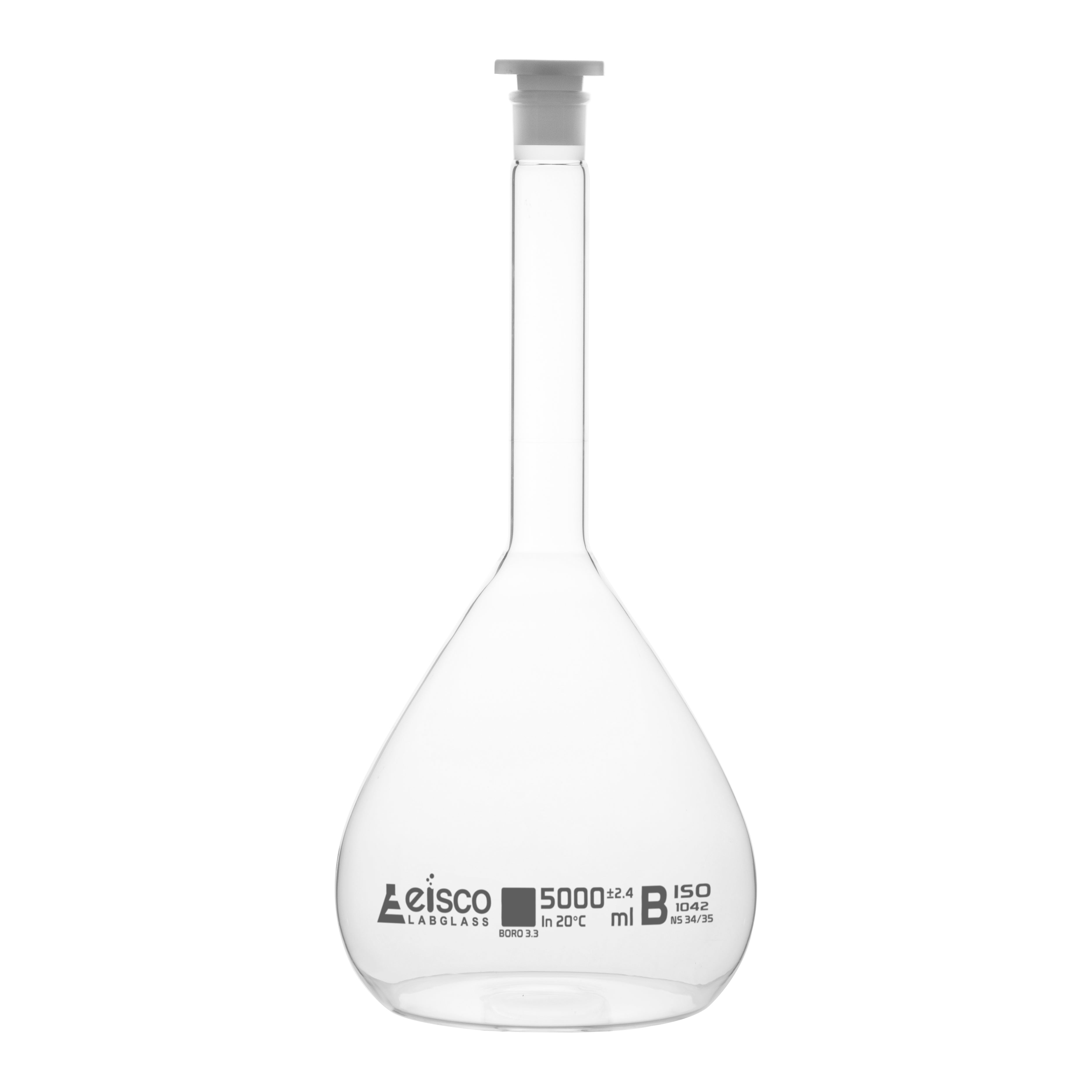 Flask Volumetric class 'B', cap. 5000ml, socket size 34/35, borosilicate glass, White Printing - eiscoindustrial