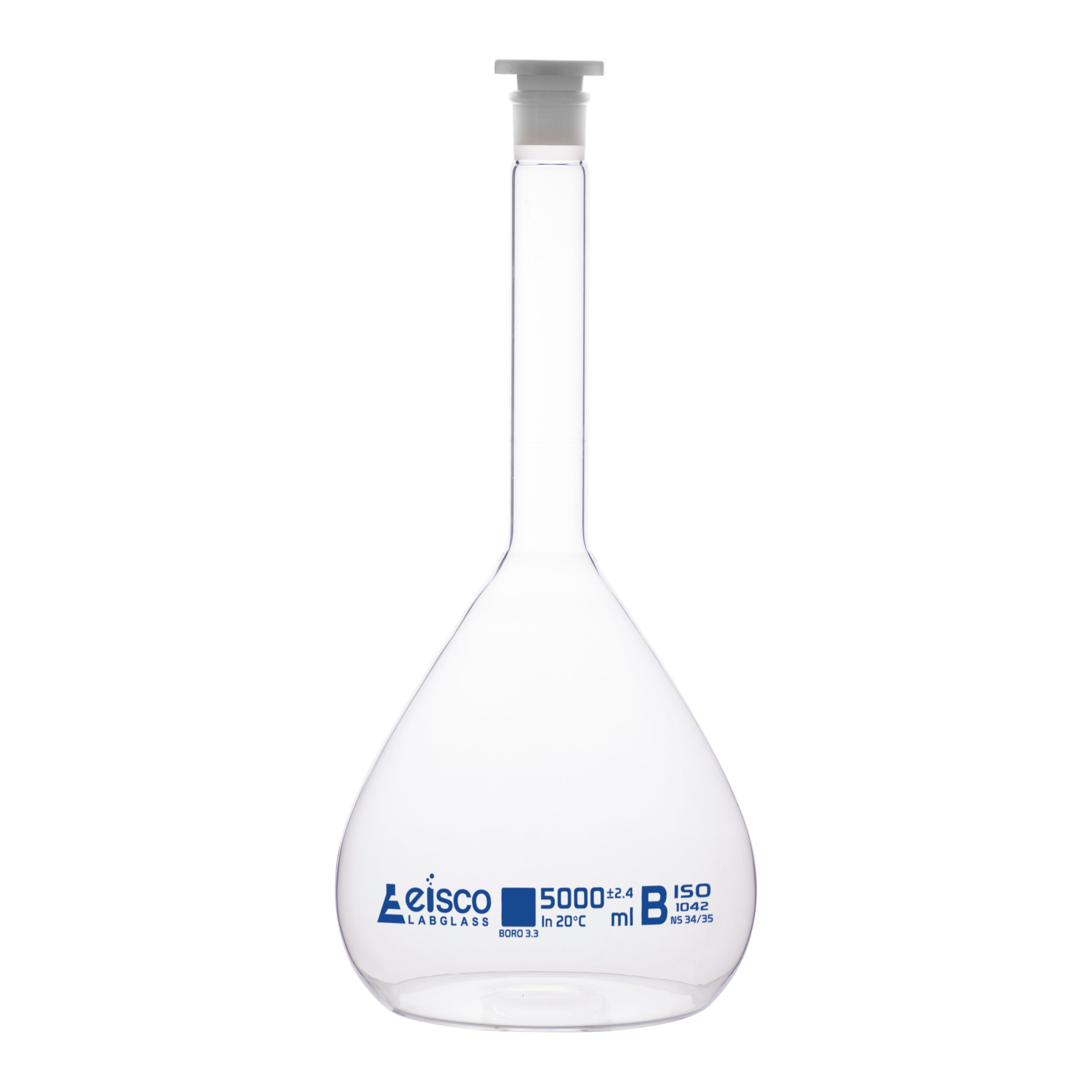 Flask Volumetric class 'B', cap. 5000ml, socket size 34/35, borosilicate glass, Blue Printing - eiscoindustrial