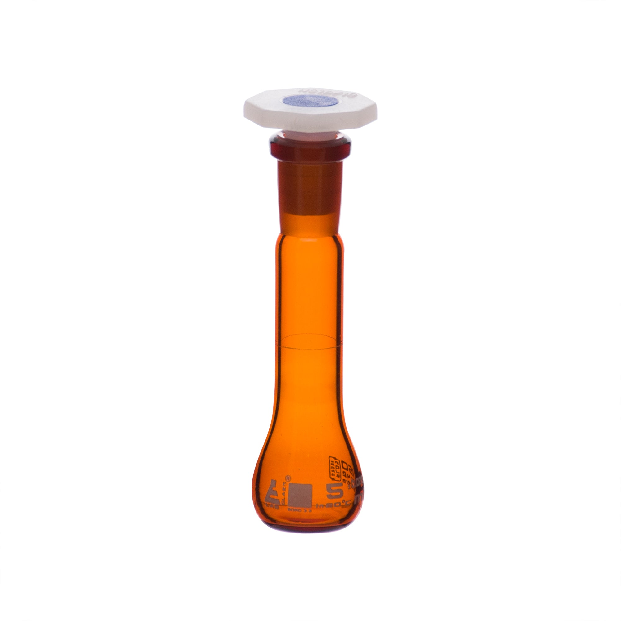 Flask Volumetric Amber, cap. 2ml, fitted with chemical resistance polypropylene stopper, borosilicate glass - eiscoindustrial