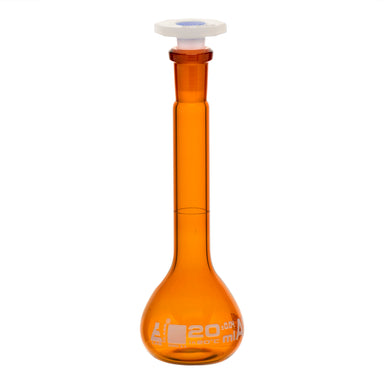 Flask Volumetric Amber, cap. 20ml, fitted with chemical resistance polypropylene stopper, borosilicate glass - eiscoindustrial