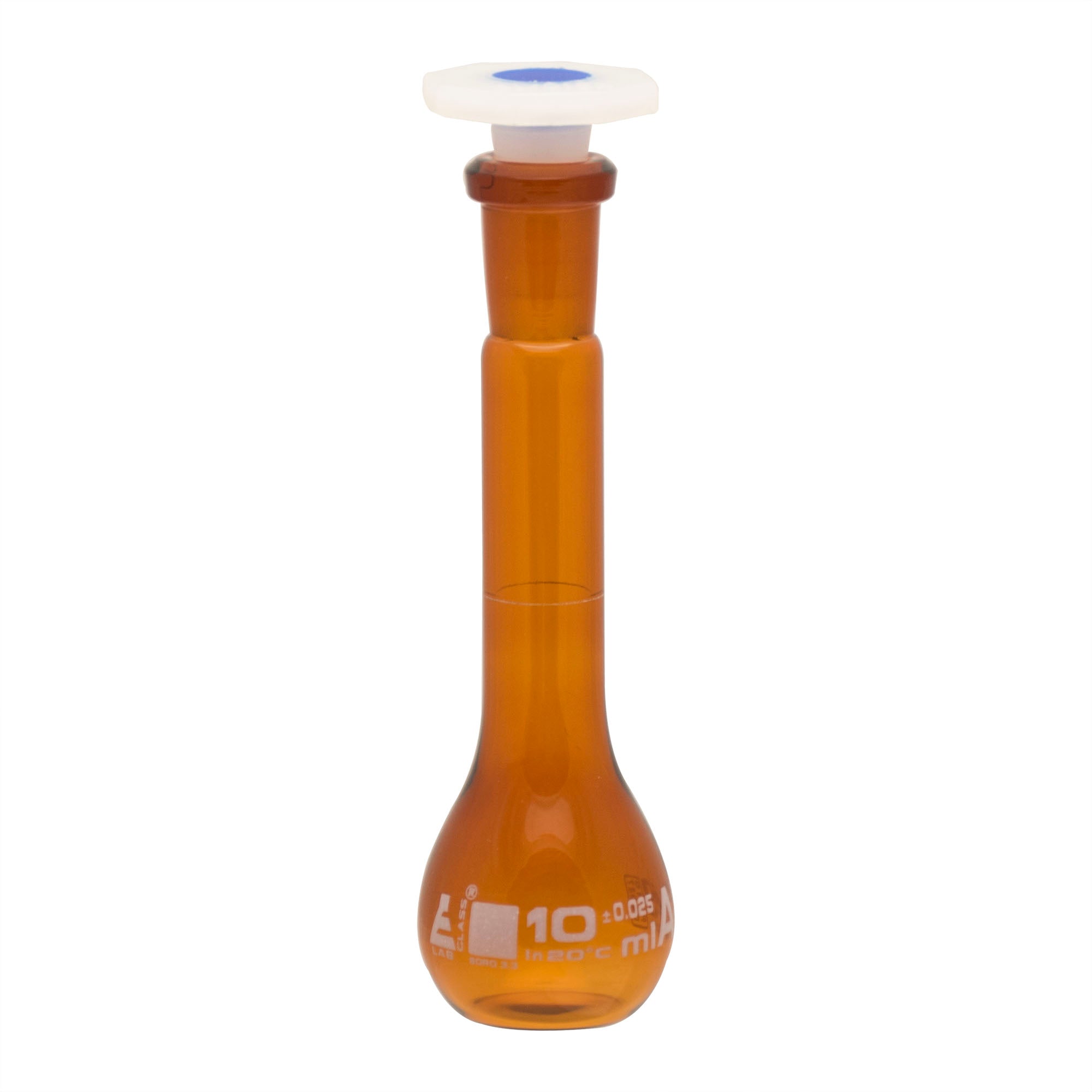 Flask Volumetric Amber, cap. 10ml, fitted with chemical resistance polypropylene stopper, borosilicate glass - eiscoindustrial