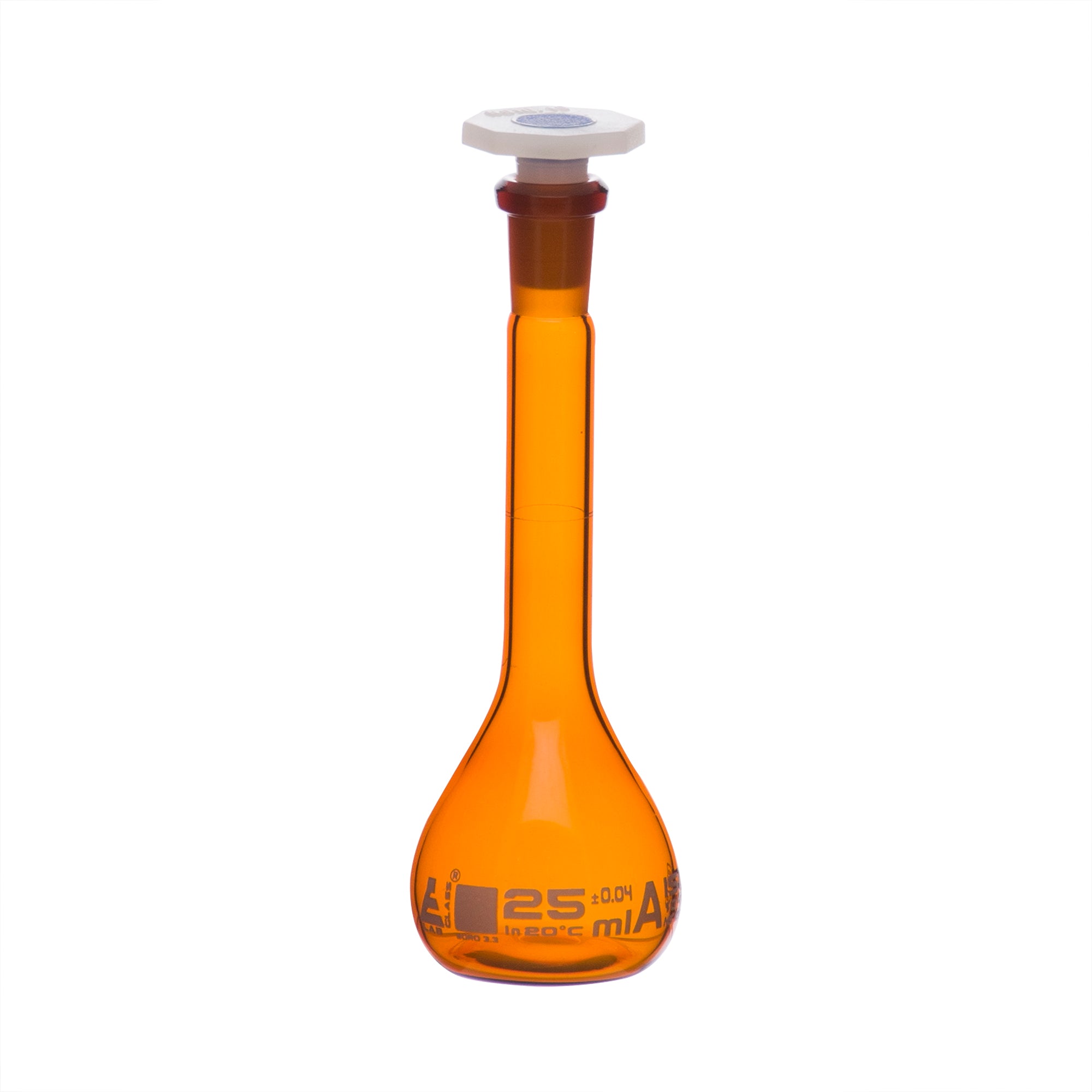 Flask Volumetric Amber, cap. 25ml, fitted with chemical resistance polypropylene stopper, borosilicate glass - eiscoindustrial