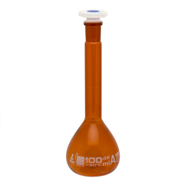 Flask Volumetric Amber, cap. 100ml, fitted with chemical resistance polypropylene stopper, borosilicate glass - eiscoindustrial