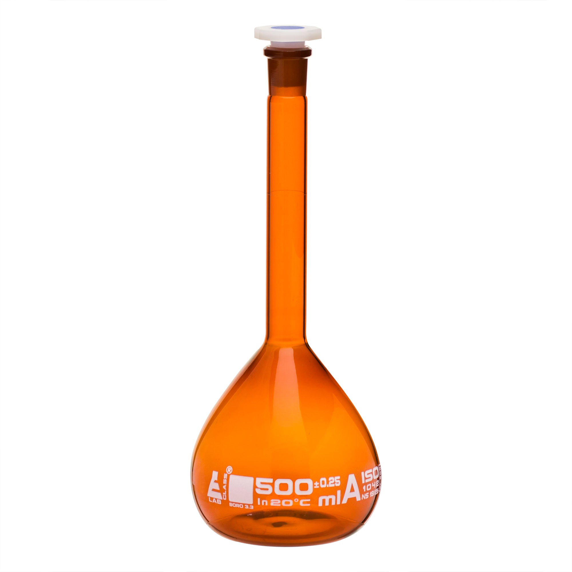 Flask Volumetric Amber, cap. 500ml, fitted with chemical resistance polypropylene stopper, borosilicate glass - eiscoindustrial