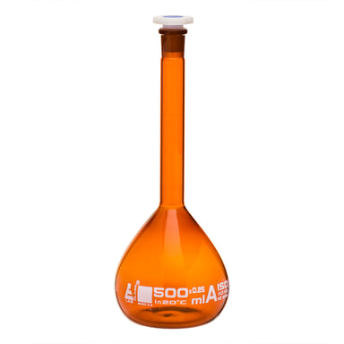 Flask Volumetric Amber, cap. 500ml, fitted with chemical resistance polypropylene stopper, borosilicate glass - eiscoindustrial