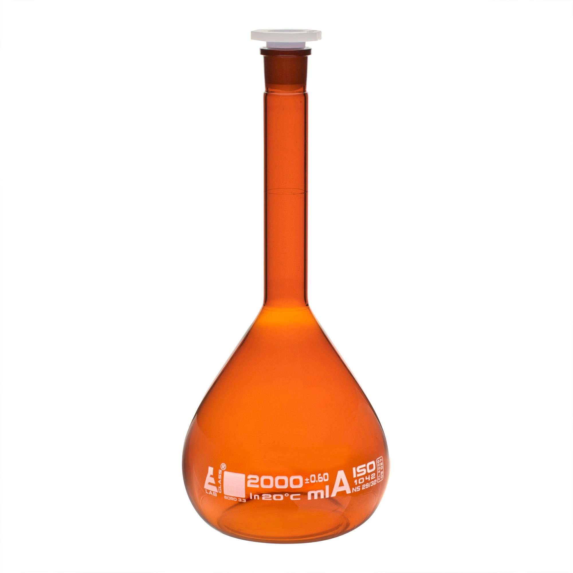 Flask Volumetric Amber, cap. 2000ml, fitted with chemical resistance polypropylene stopper, borosilicate glass - eiscoindustrial