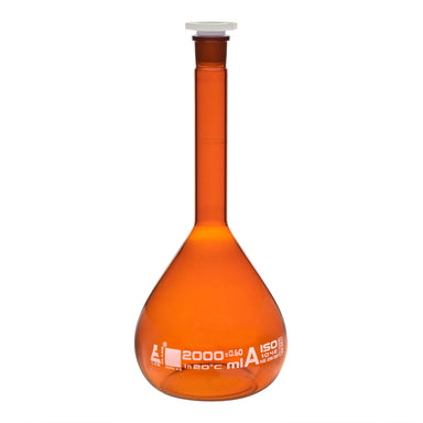 Flask Volumetric Amber, cap. 2000ml, fitted with chemical resistance polypropylene stopper, borosilicate glass - eiscoindustrial