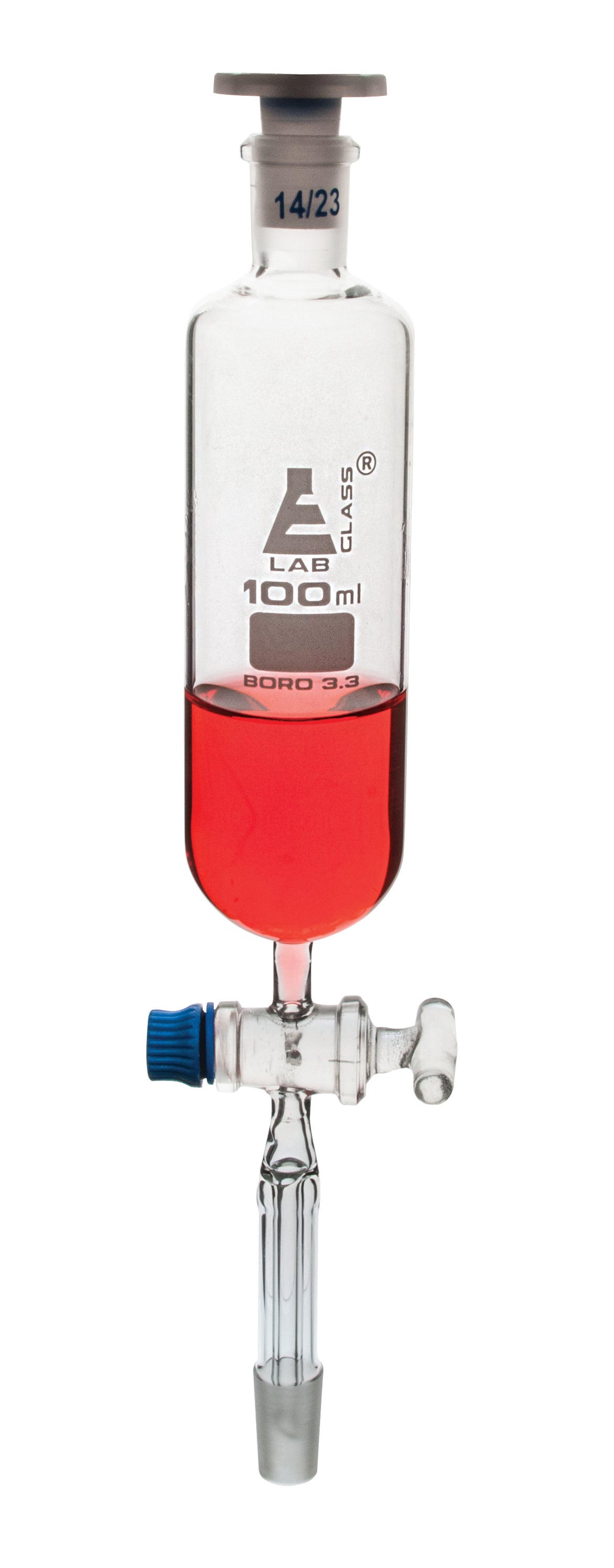 Funnel Dropping - Cylindrical, cap. 50ml, socket size 29/32, borosilicate glass, Un-graduated cylindrical with Glass stopcock & interchangeable plastic stopper - eiscoindustrial