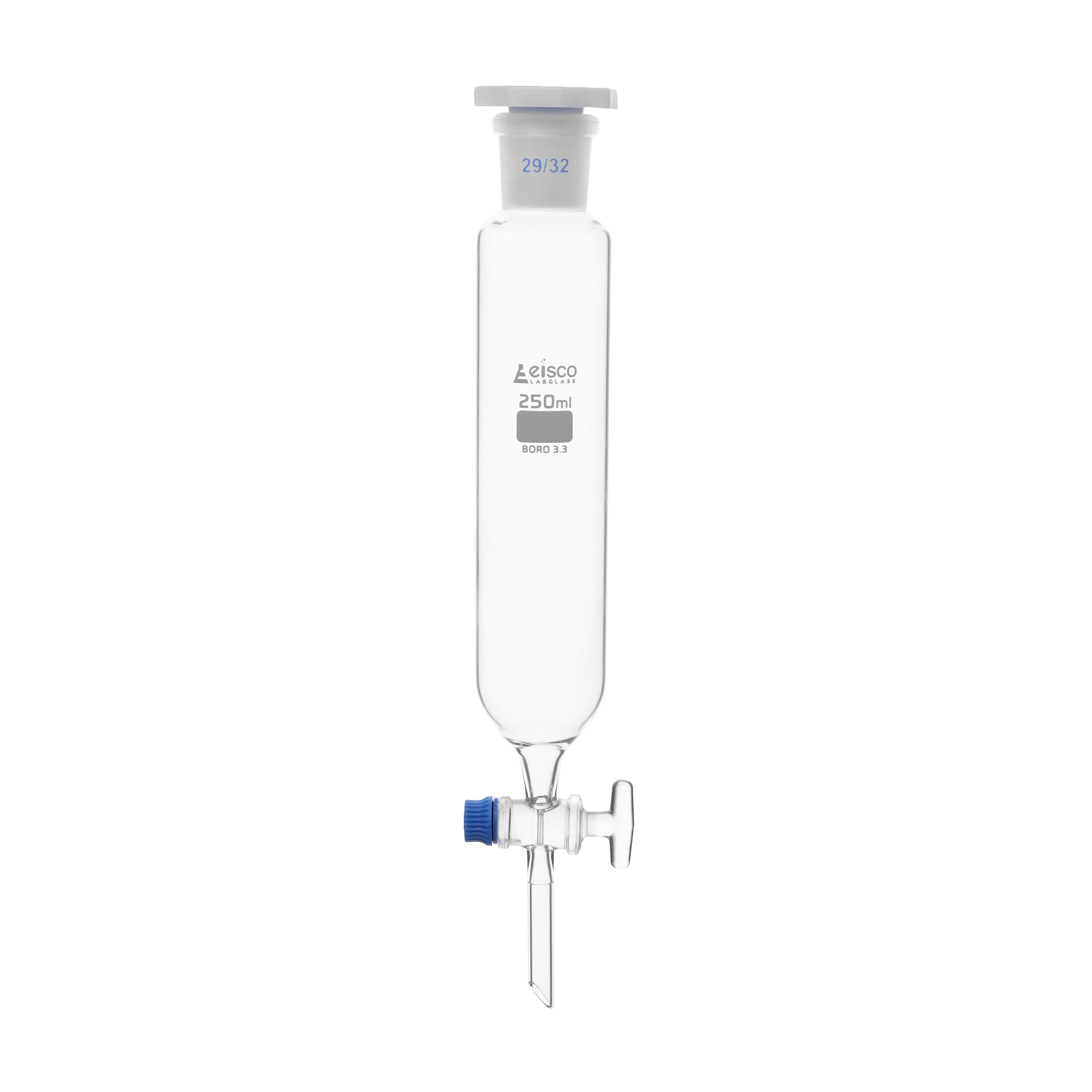 Funnel Dropping - Cylindrical, cap. 500ml, socket size 29/32, borosilicate glass, graduated cylindrical with glass stopcock & interchangeable plastic stopper - eiscoindustrial