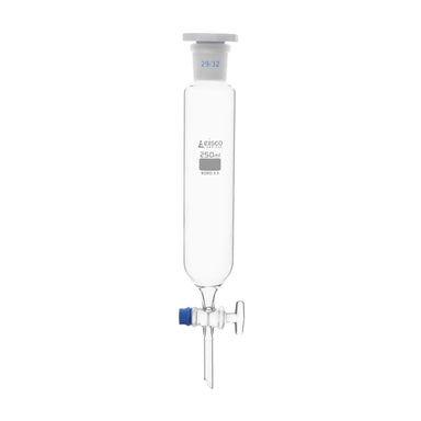 Funnel Dropping - Cylindrical, cap. 500ml, socket size 29/32, borosilicate glass, Un-graduated cylindrical with glass stopcock & interchangeable plastic stopper - eiscoindustrial