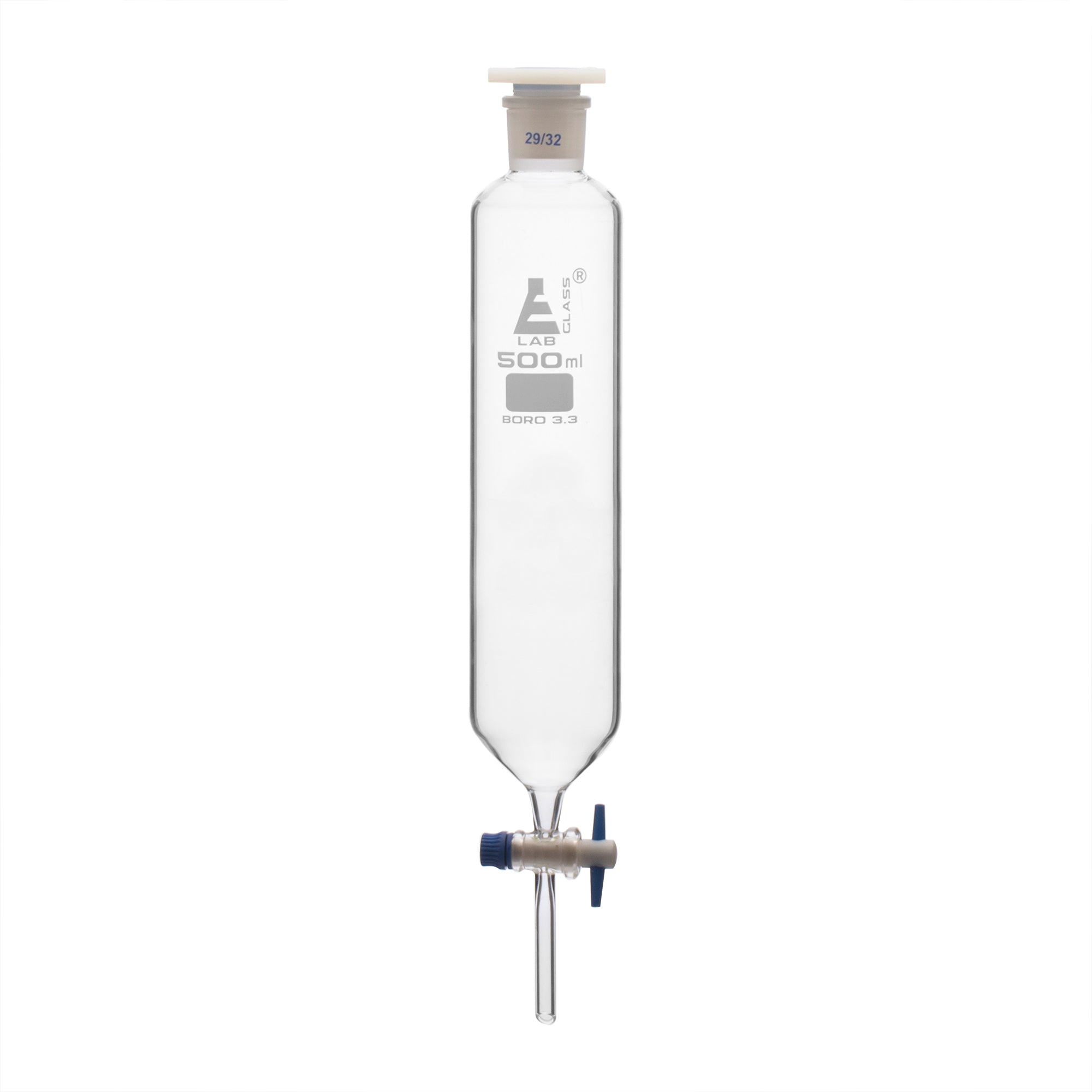 Funnel Dropping - Cylindrical, cap. 500ml, socket size 29/32, borosilicate glass, graduated cylindrical with PTFE stopcock & interchangeable plastic stopper - eiscoindustrial