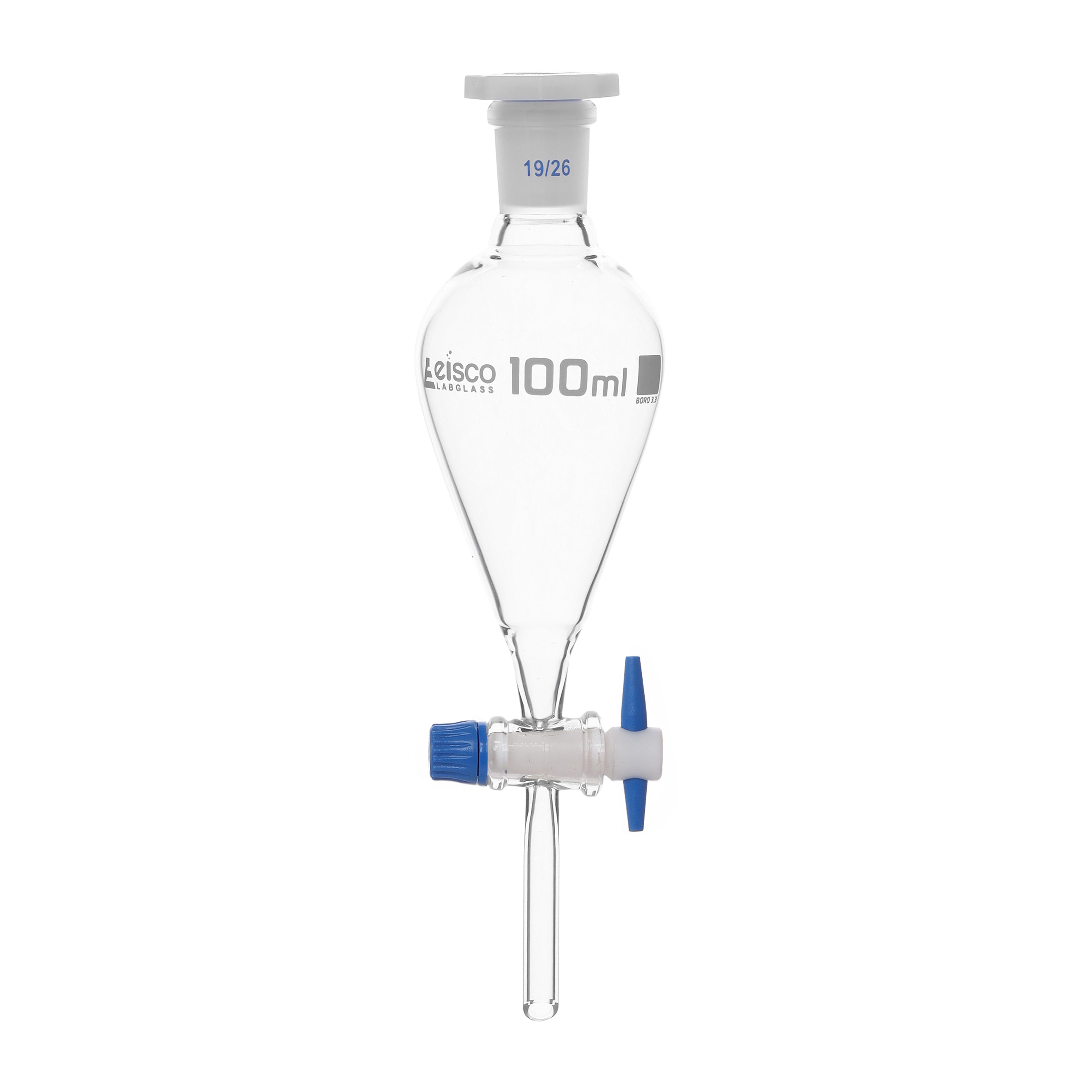 Funnel Separating - Squibb, cap. 50ml, socket size 14/23, borosilicate glass, with interchangeable plastic stopper and glass stopcock, Un-Graduated - eiscoindustrial