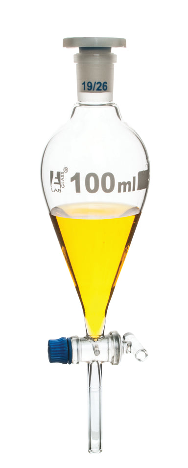 Funnel Separating - Squibb, cap. 50ml, socket size 14/23, borosilicate glass, with interchangeable plastic stopper and glass stopcock, Un-Graduated - eiscoindustrial