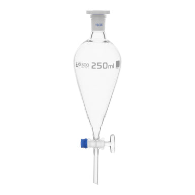 Funnel Separating - Squibb, cap. 250ml, socket size 19/26, borosilicate glass, with interchangeable plastic stopper and glass stopcock, Gradauted - eiscoindustrial