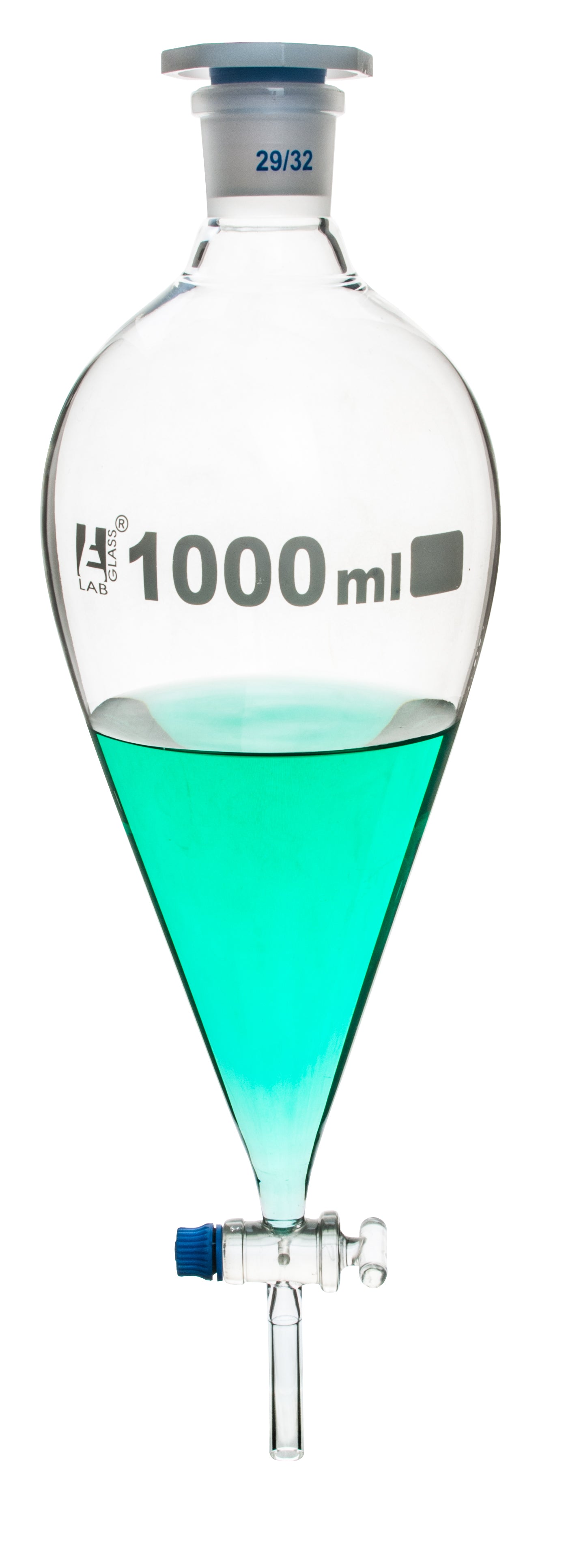 Funnel Separating - Squibb, cap. 1000ml, socket size 29/32, borosilicate glass, with interchangeable plastic stopper and glass stopcock, Gradauted - eiscoindustrial