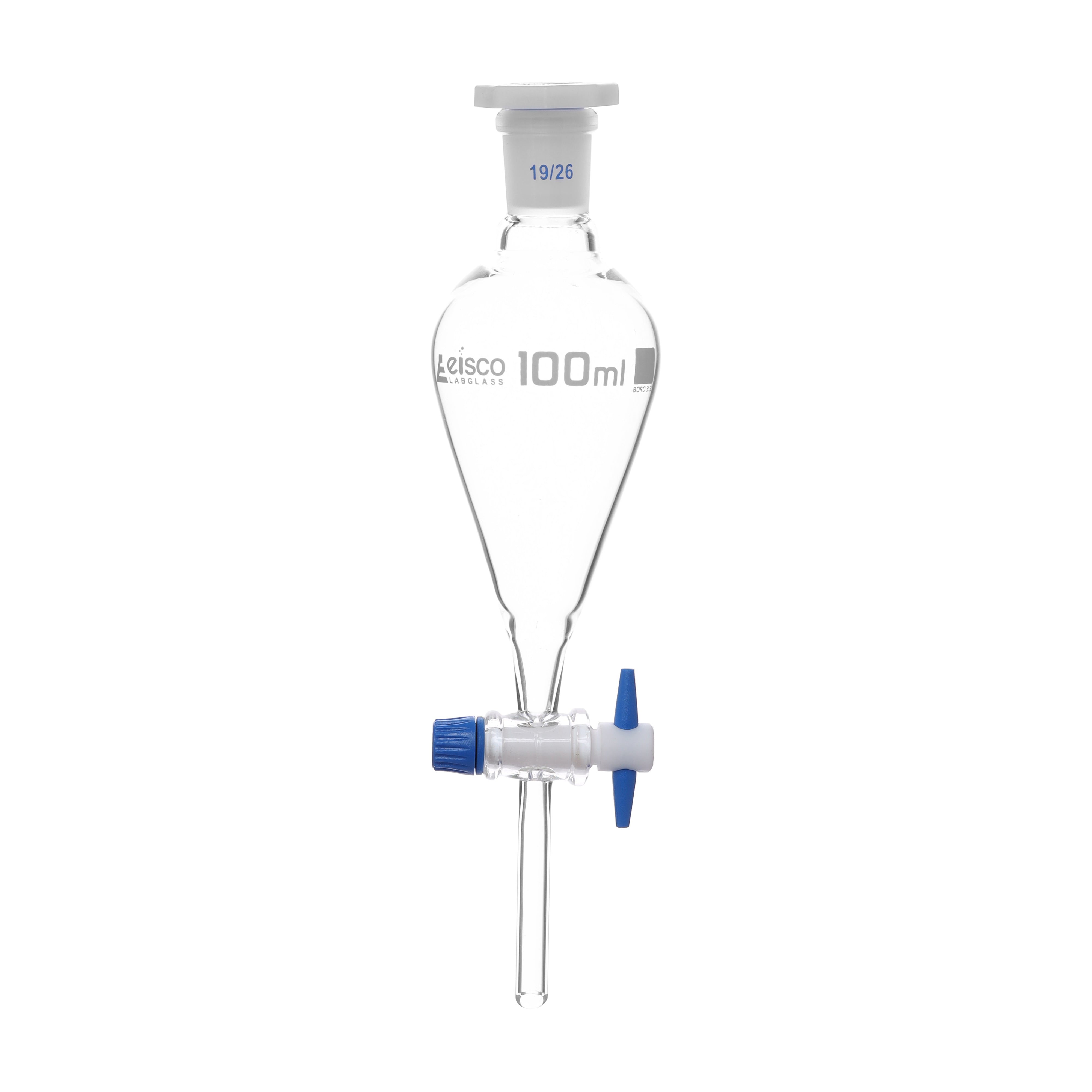 Funnel Separating - Squibb, cap. 100ml, socket size 19/26, borosilicate glass, with interchangeable plastic stopper and PTFE key stopcock, Un-Gradauted - eiscoindustrial