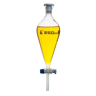 Funnel Separating - Squibb, cap. 250ml, socket size 19/26, borosilicate glass, with interchangeable plastic stopper and PTFE key stopcock, Un-Gradauted - eiscoindustrial