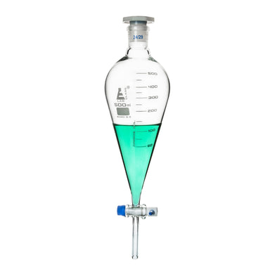 Funnel Separating - Squibb, cap. 500ml, socket size 24/29, borosilicate glass, with interchangeable plastic stopper and PTFE key stopcock, Gradauted - eiscoindustrial