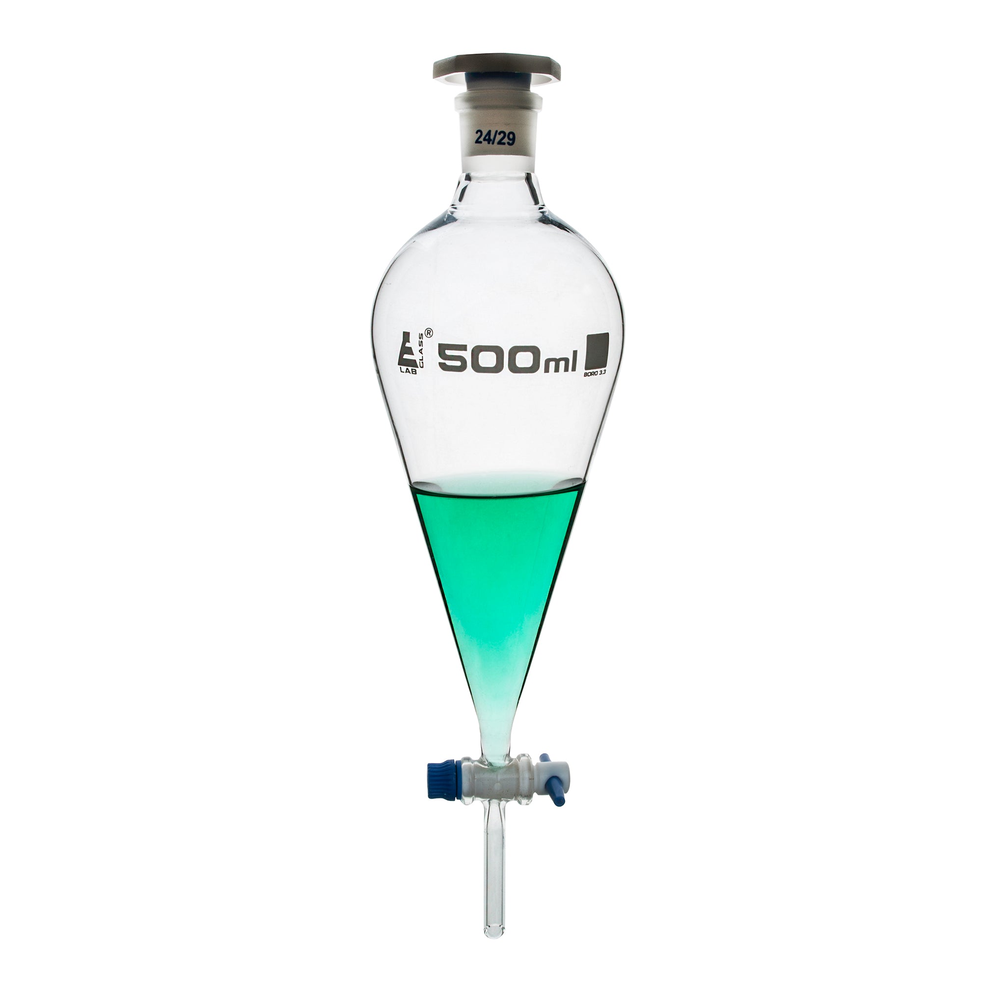 Funnel Separating - Squibb, cap. 500ml, socket size 24/29, borosilicate glass, with interchangeable plastic stopper and PTFE key stopcock, Un-Gradauted - eiscoindustrial