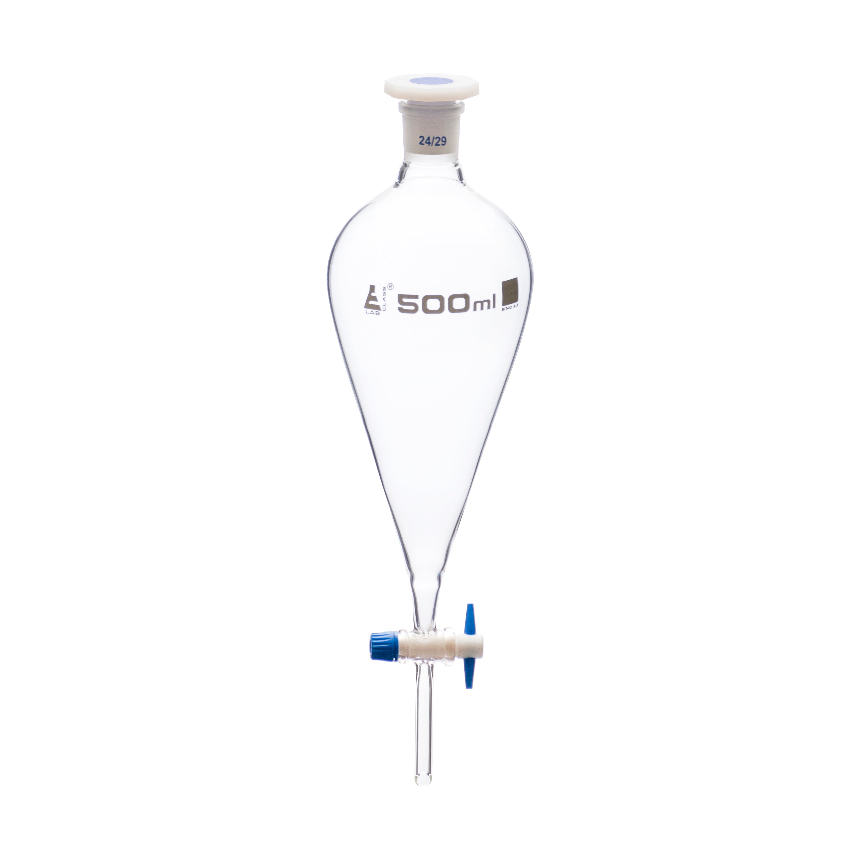 Funnel Separating - Squibb, cap. 500ml, socket size 24/29, borosilicate glass, with interchangeable plastic stopper and PTFE key stopcock, Un-Gradauted - eiscoindustrial