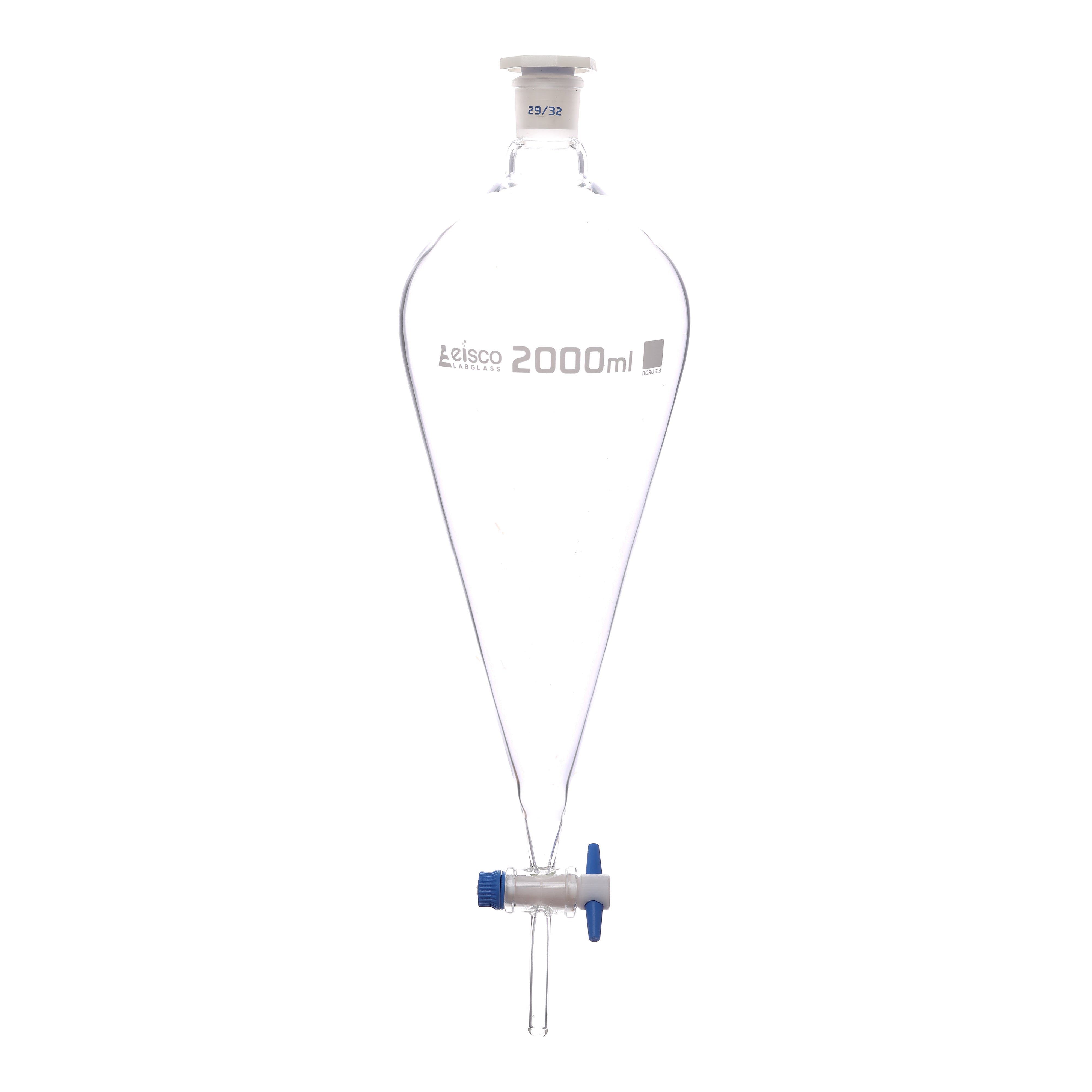 Funnel Separating - Squibb, cap. 2000ml, socket size 29/32, borosilicate glass, with interchangeable plastic stopper and PTFE key stopcock,Un-Gradauted - eiscoindustrial