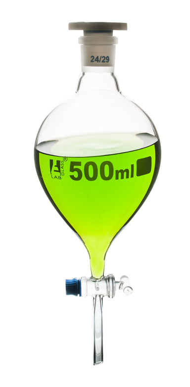 Funnel Separating - Pear shaped, cap. 500ml, Socket size 24/29, borosilicate glass with interchangeable plastic stopper and glass stopcock - eiscoindustrial