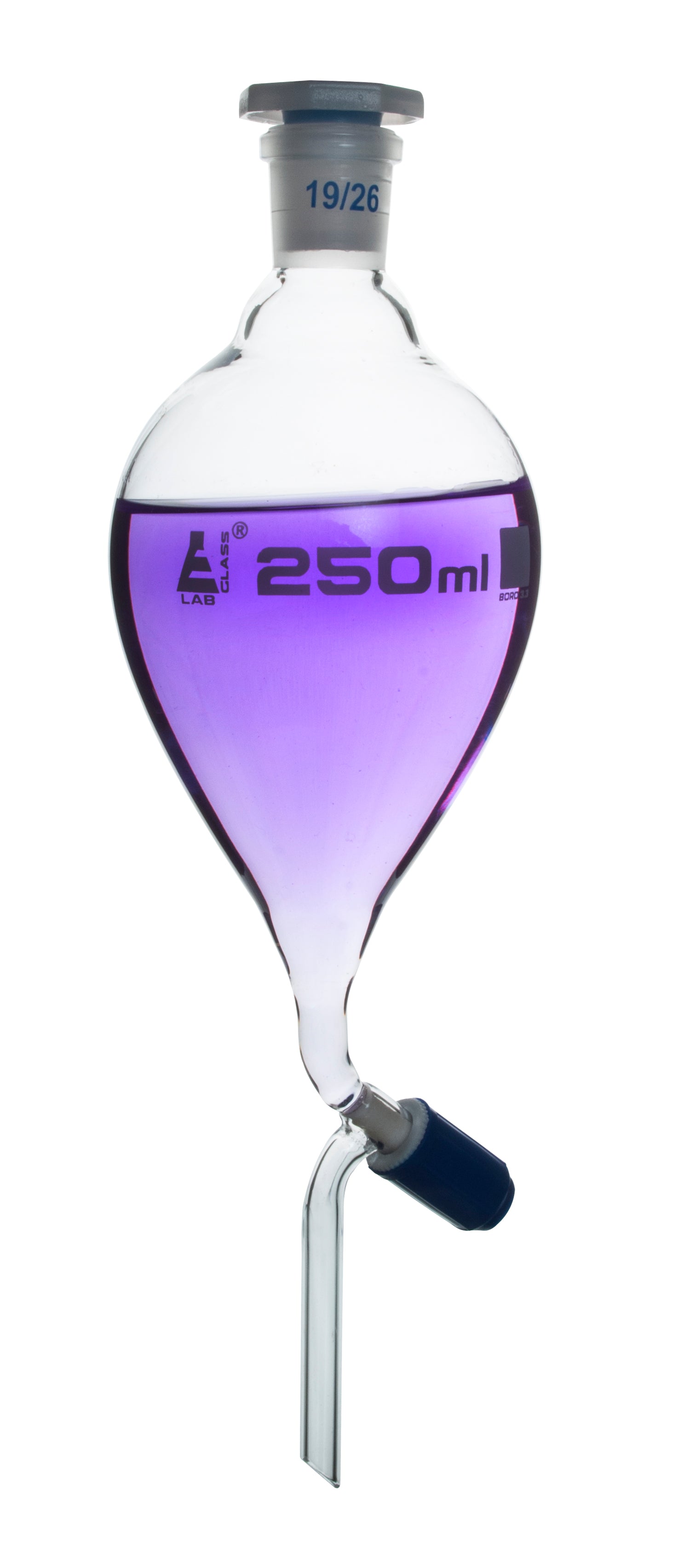 Funnel Separating - Pear shaped, cap. 250ml, Socket size 19/26, borosilicate glass with interchangeable plastic stopper and screw type Rotaflow stopcock - eiscoindustrial