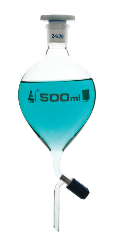 Funnel Separating - Pear shaped, cap. 2000ml, Socket size 29/32, borosilicate glass with interchangeable plastic stopper and screw type Rotaflow stopcock - eiscoindustrial