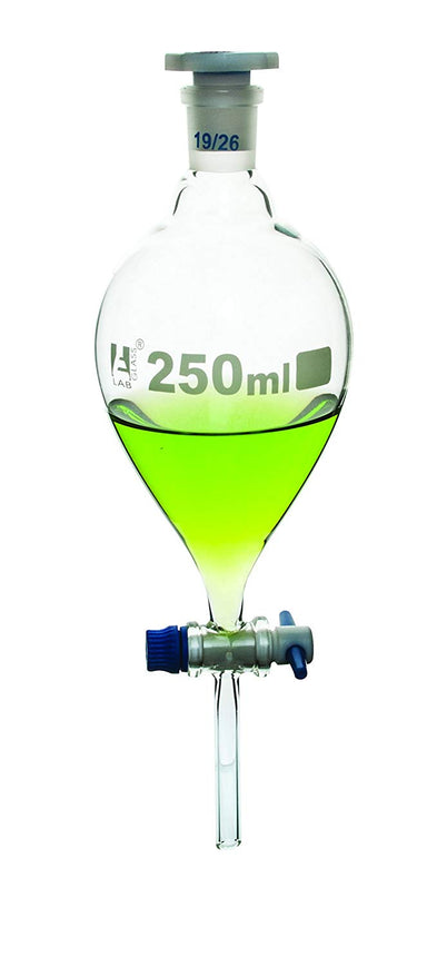 Funnel Separating - Pear shaped, cap. 250ml, Socket size 19/26, borosilicate glass with interchangeable plastic stopper and PTFE key stopcock - eiscoindustrial