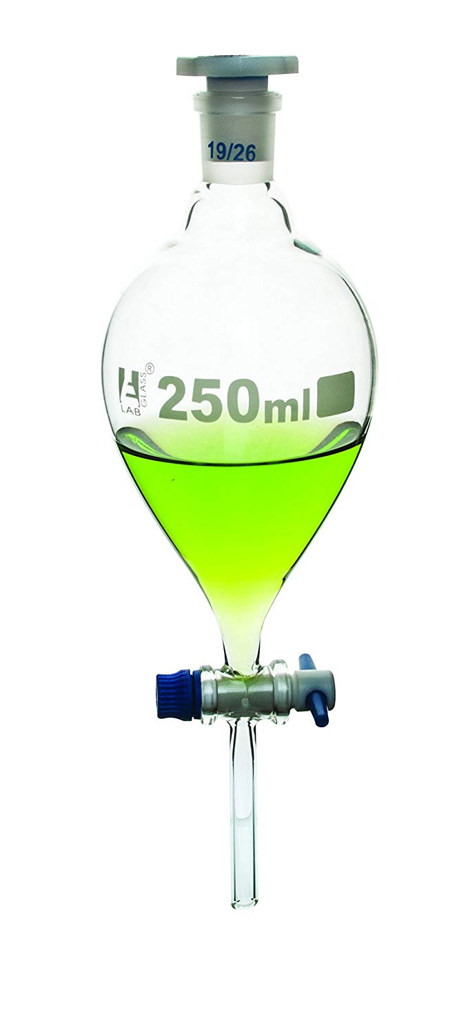 Funnel Separating - Pear shaped, cap. 250ml, Socket size 19/26, borosilicate glass with interchangeable plastic stopper and PTFE key stopcock - eiscoindustrial