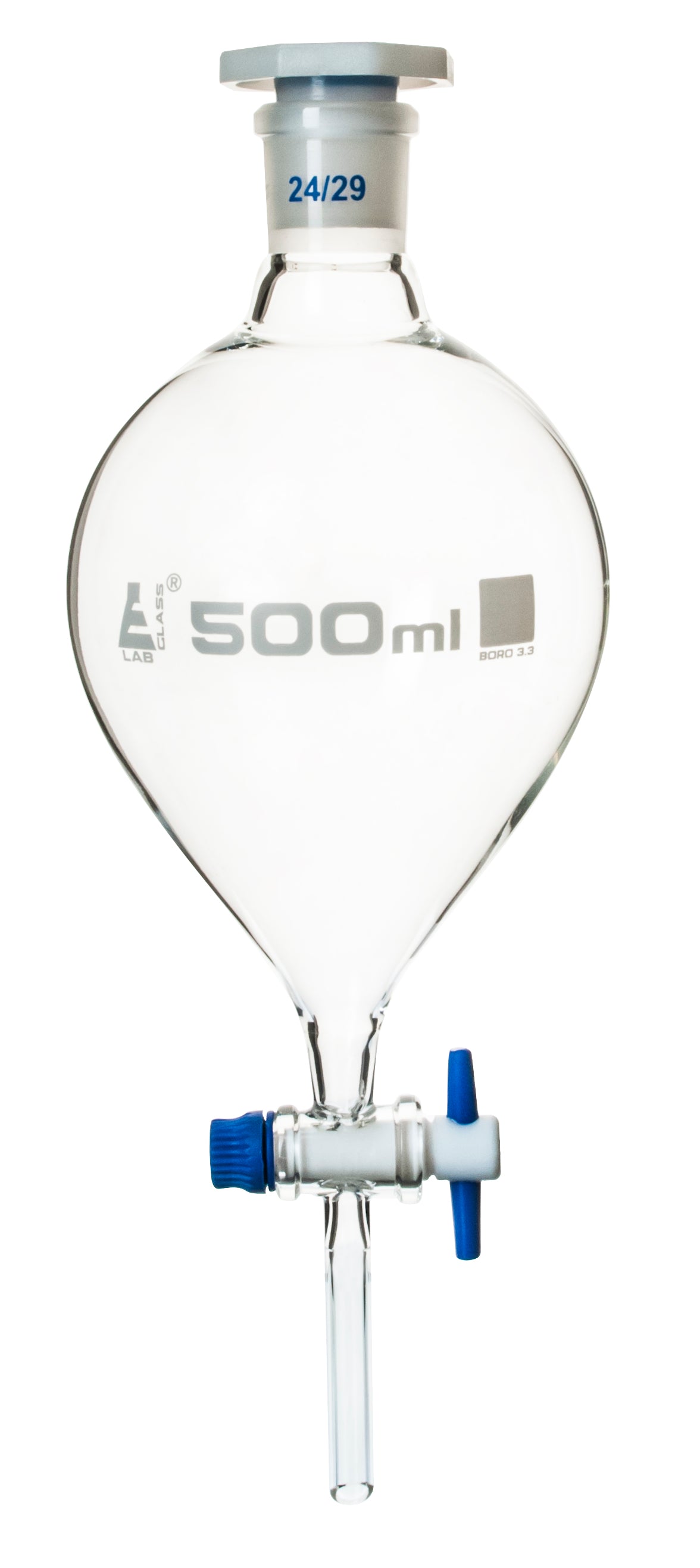 Funnel Separating - Pear shaped, cap. 500ml, Socket size 24/29, borosilicate glass with interchangeable plastic stopper and PTFE key stopcock - eiscoindustrial