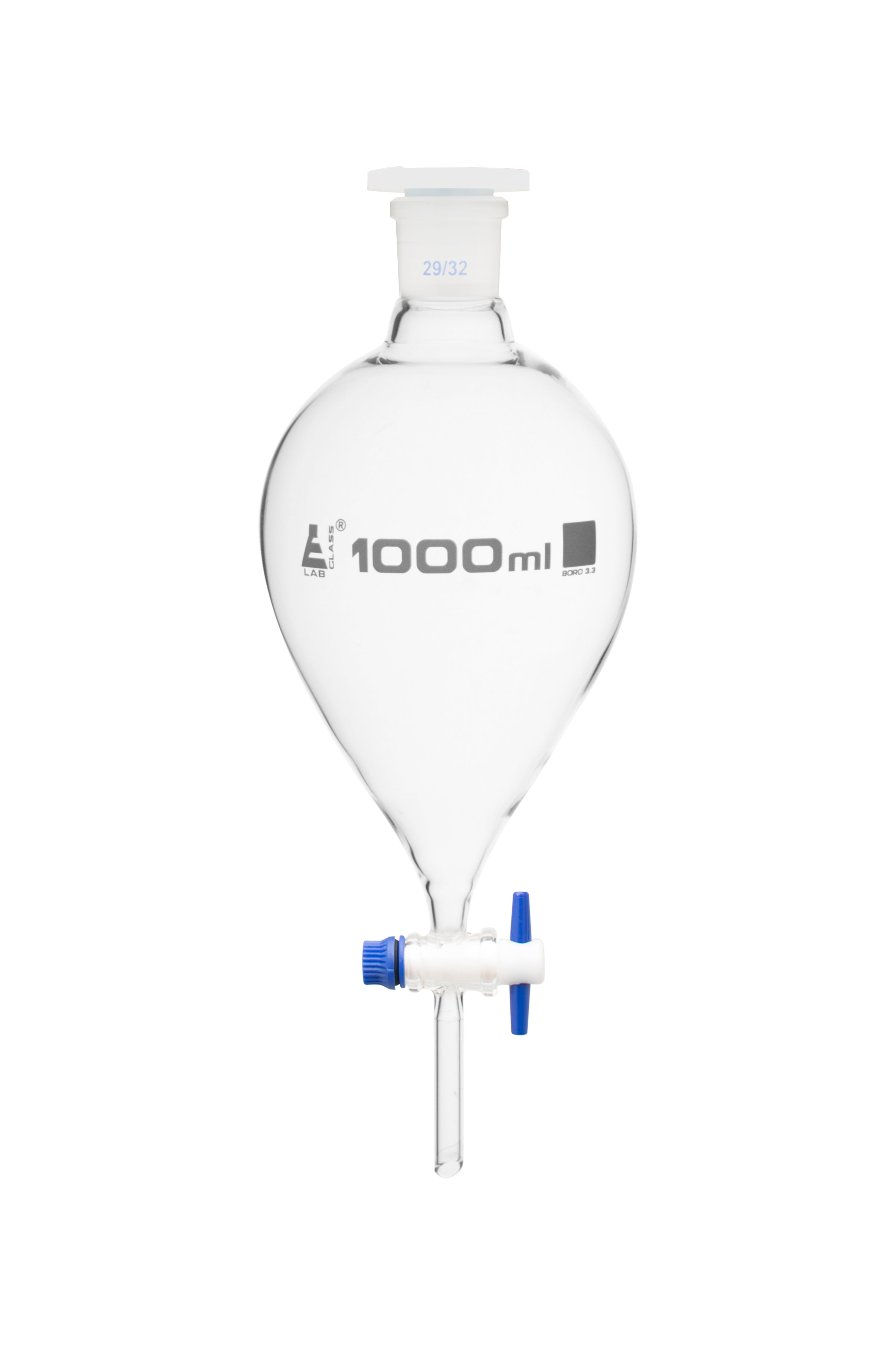 Funnel Separating - Pear shaped, cap. 2000ml, Socket size 29/32, borosilicate glass with interchangeable plastic stopper and PTFE key stopcock - eiscoindustrial