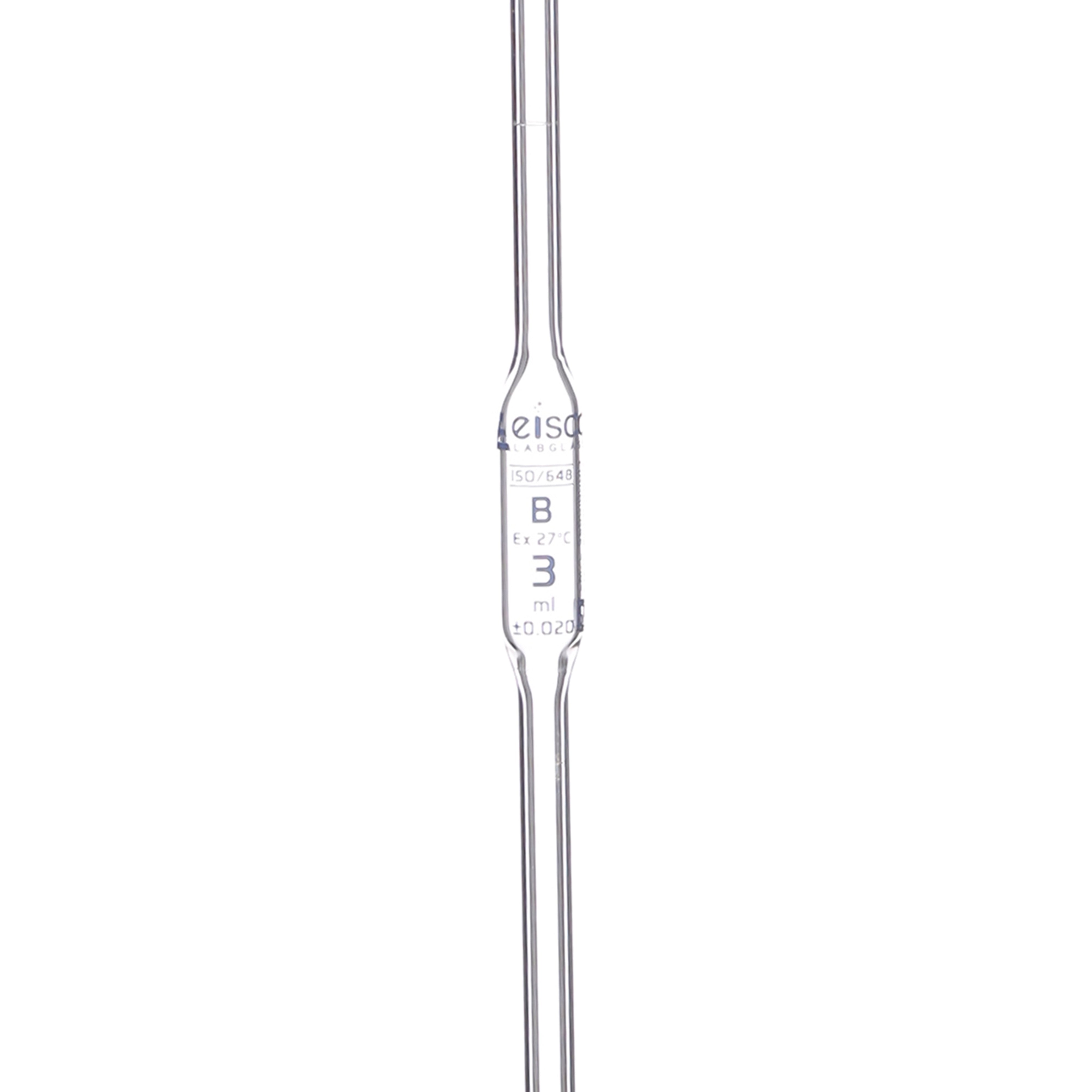 Pipette class 'B' 3ml, Borosilicate glass, Blue Printing bulb form, Orange ISI