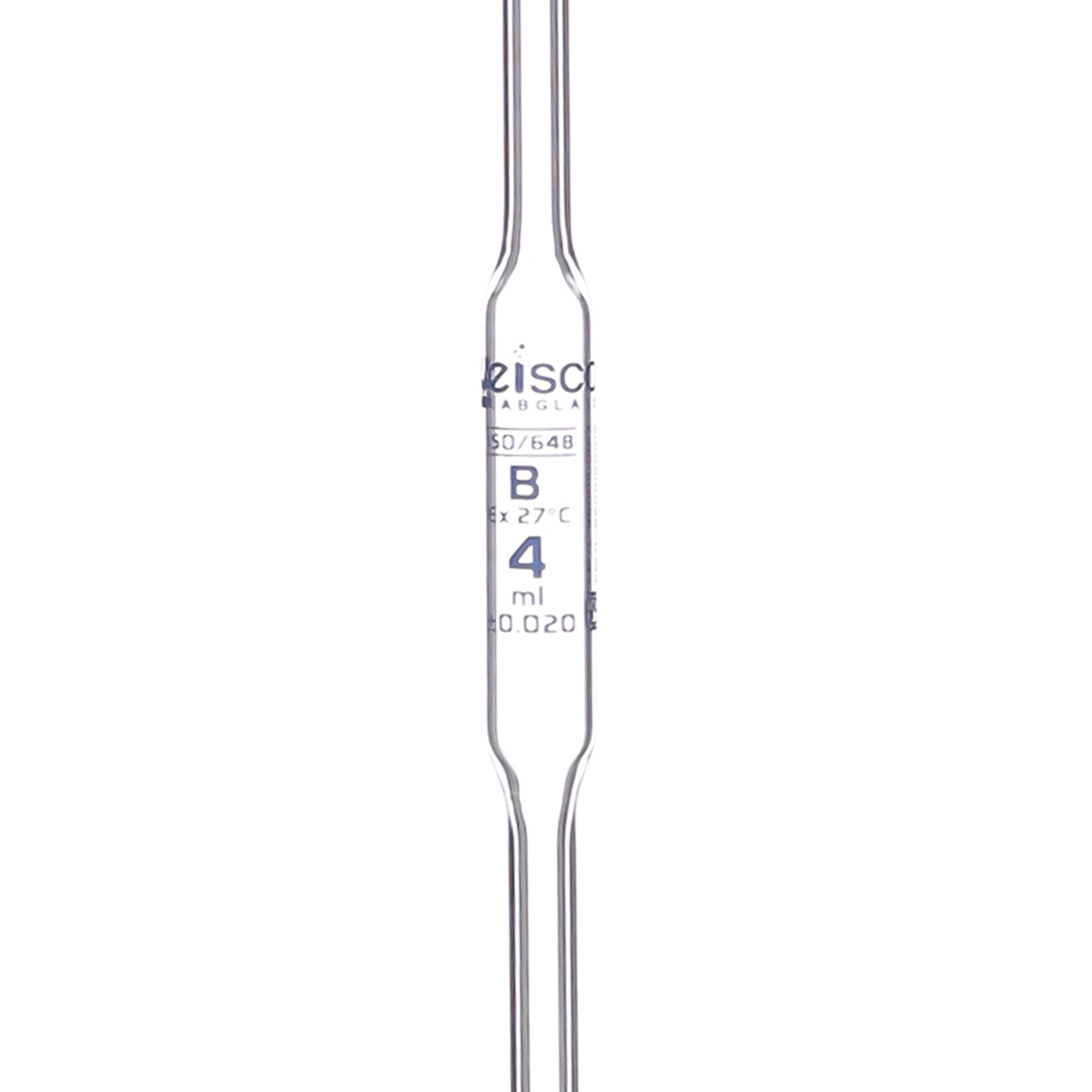 Pipette class 'B' 4ml, Borosilicate glass, Blue Printing bulb form ISI