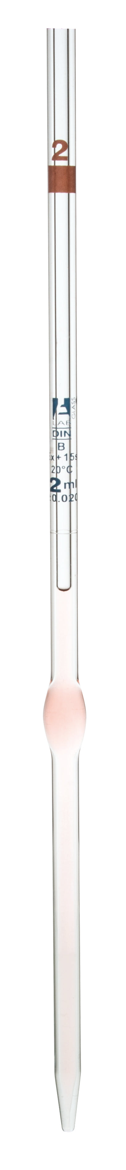 Pipette class 'B' 2ml, Borosilicate glass, Blue Printing bulb form, Orange - eiscoindustrial