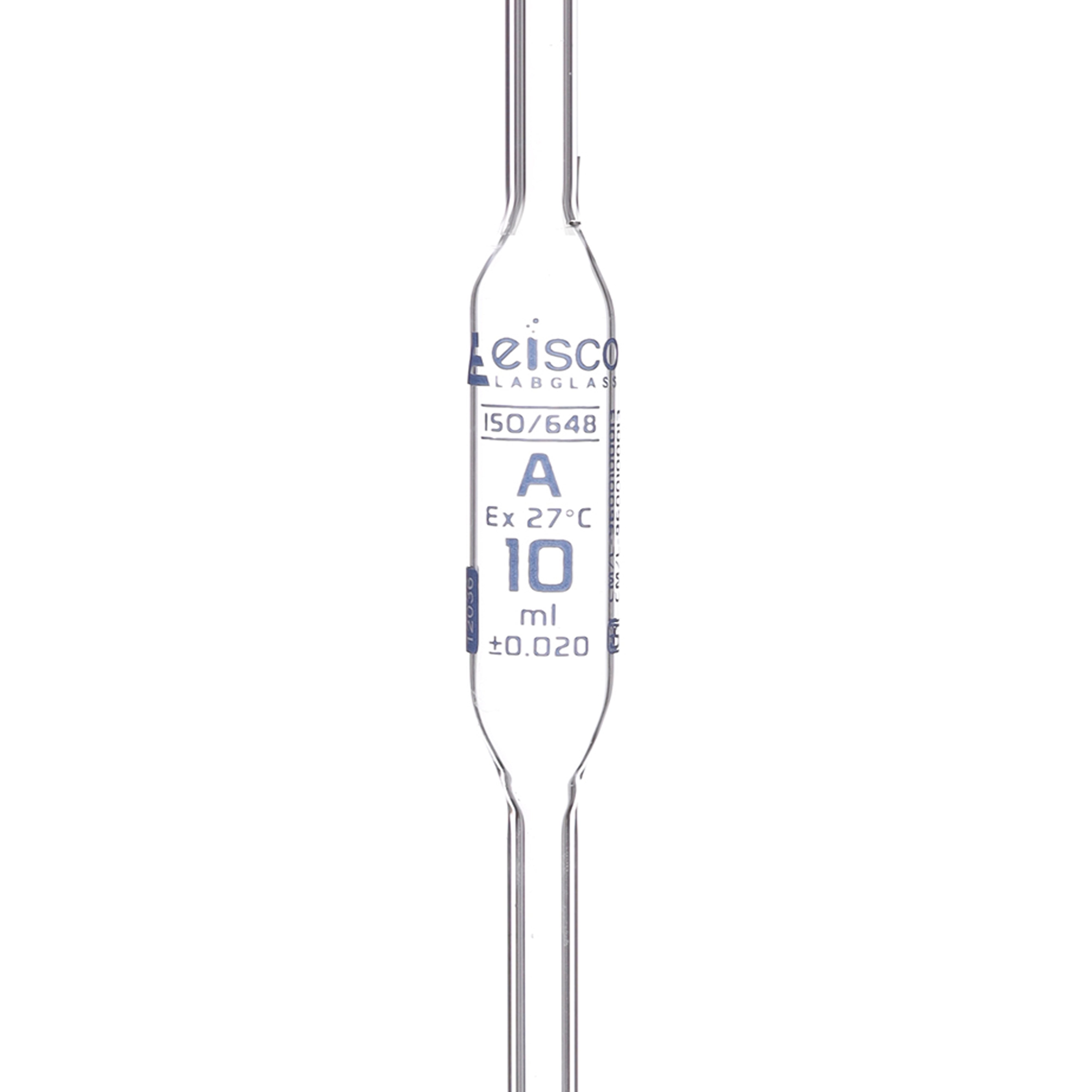 Pipette class 'B' 10ml, Borosilicate glass, Blue Printing bulb form, Red ISI