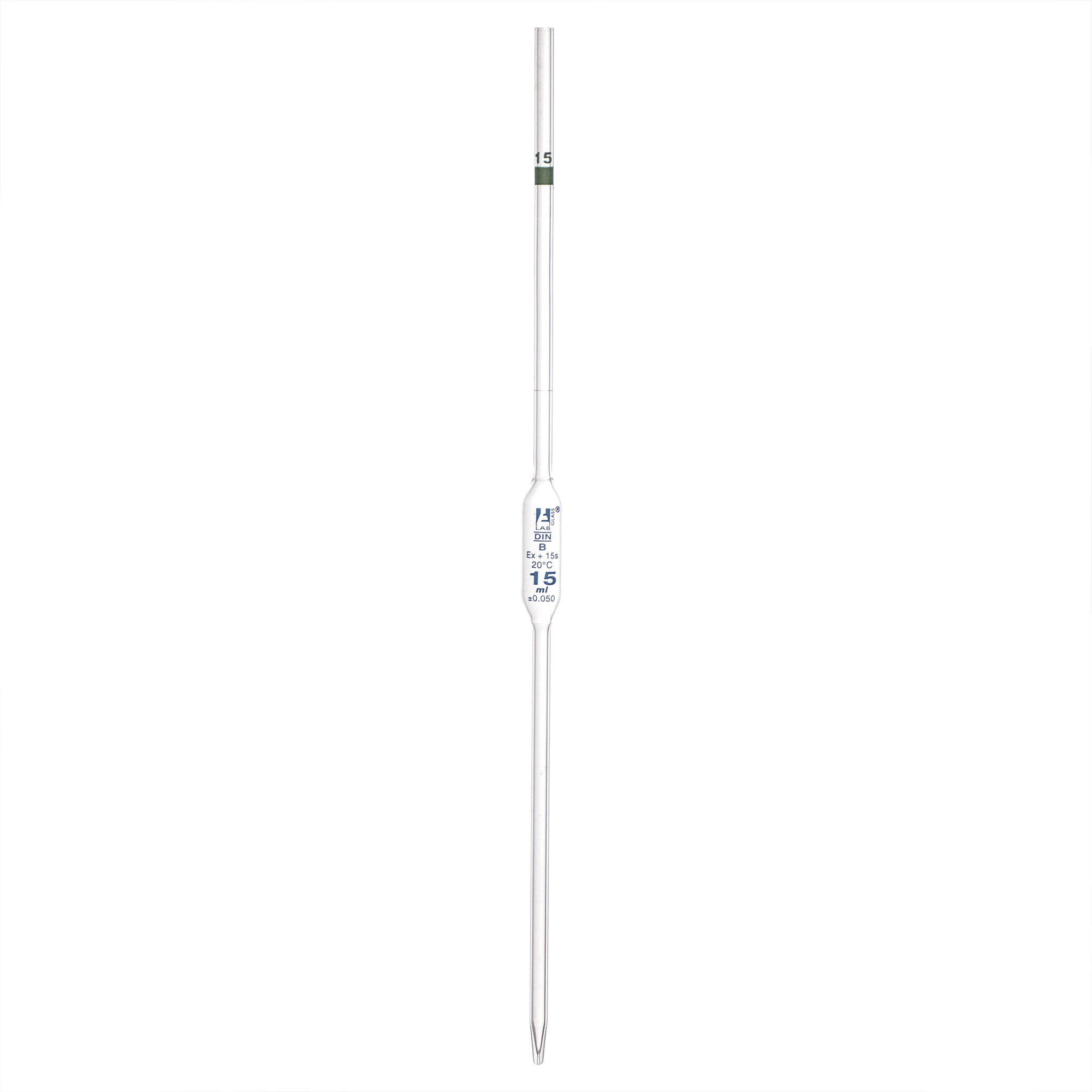 Pipette class 'B' 15ml, Borosilicate glass, Blue Printing bulb form, Green - eiscoindustrial