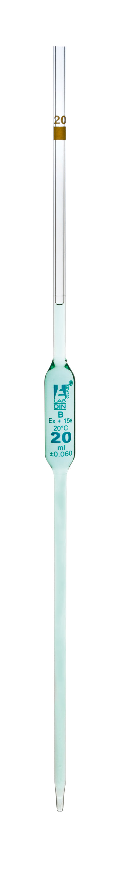 Pipette class 'B' 20ml, Borosilicate glass, Blue Printing bulb form, Yellow - eiscoindustrial