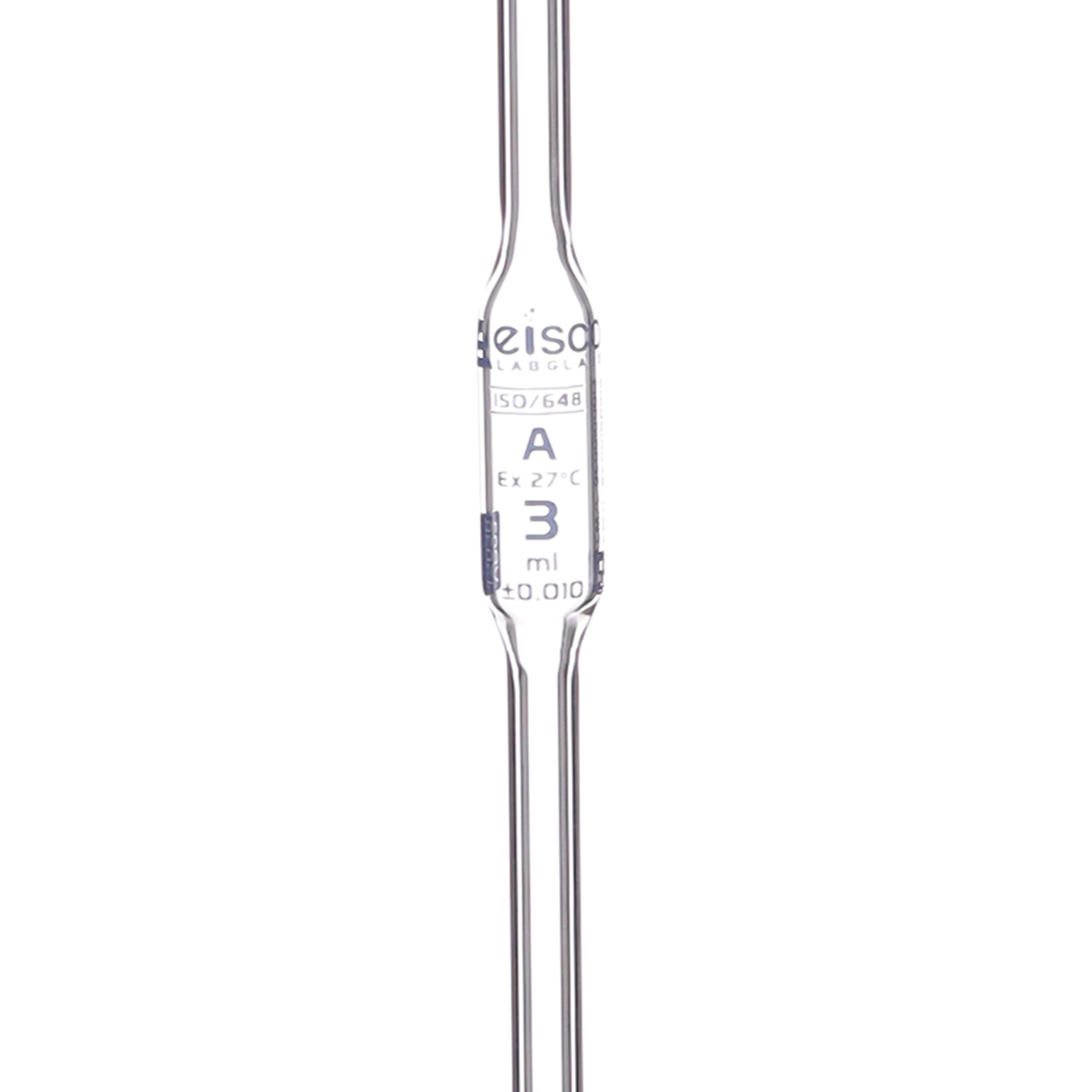 Pipette class 'A' 3ml, Borosilicate glass, Blue Printing bulb form ISI