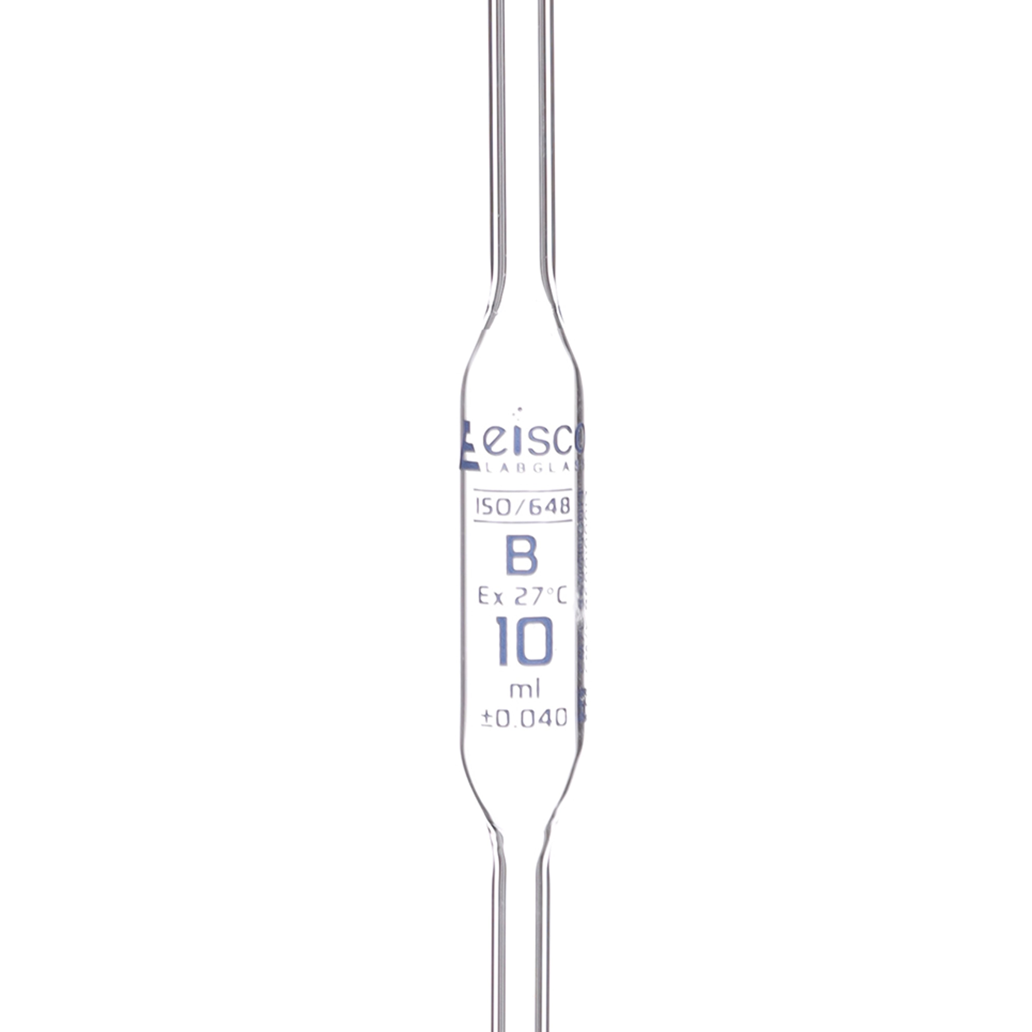 Pipette class 'A' 10ml, Borosilicate glass, Blue Printing bulb form, Red ISI