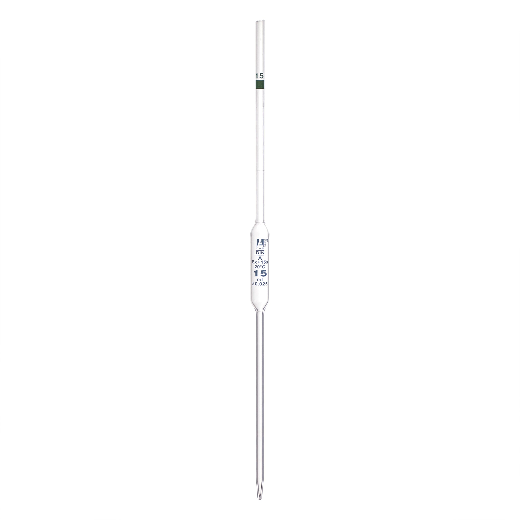 Pipette class 'A' 15ml, Borosilicate glass, Blue Printing bulb form, Green - eiscoindustrial